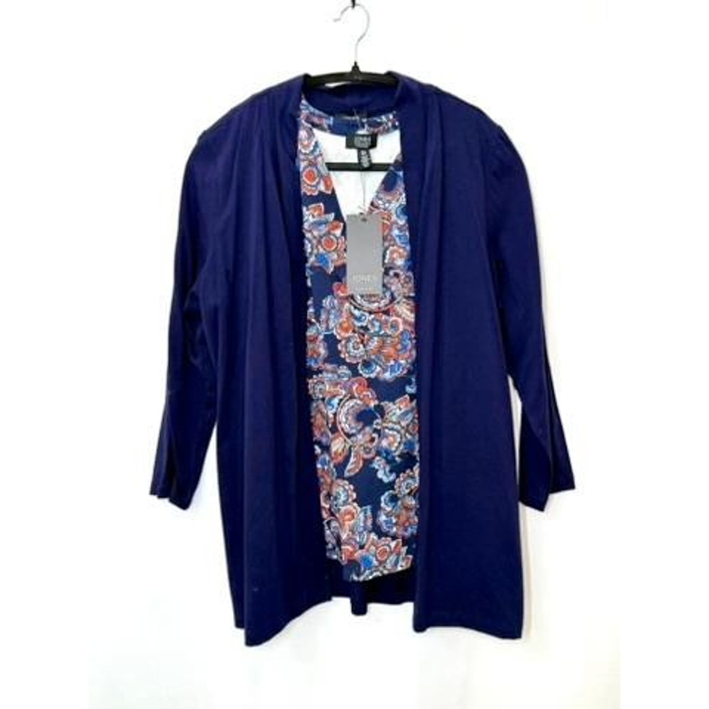 Jones New York Signature 2 Piece Knit Set Cardigan Paisley Tank Top Navy Blue