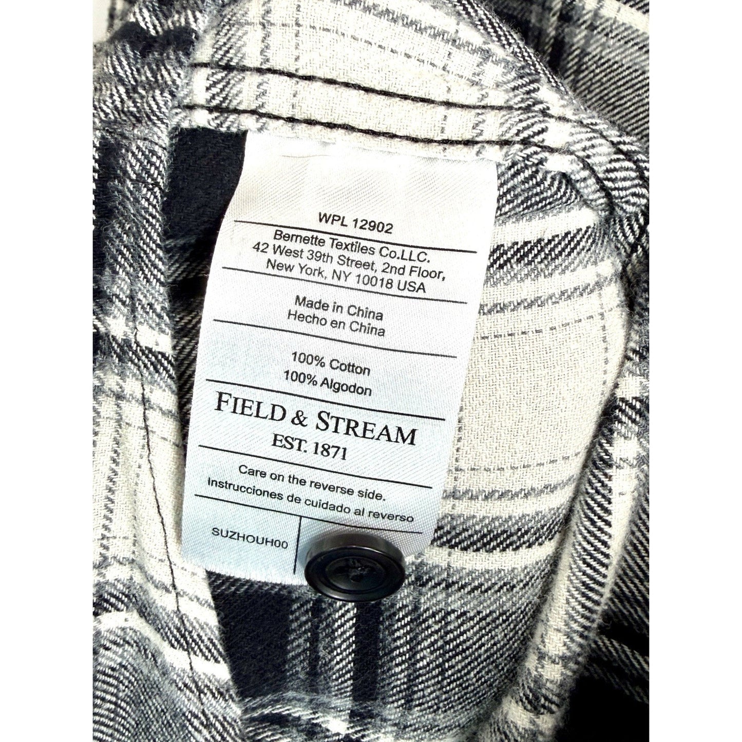 FIELD & STREAM Mens XL Flannel Shirt Black White Plaid Long Sleeve Heavyweight