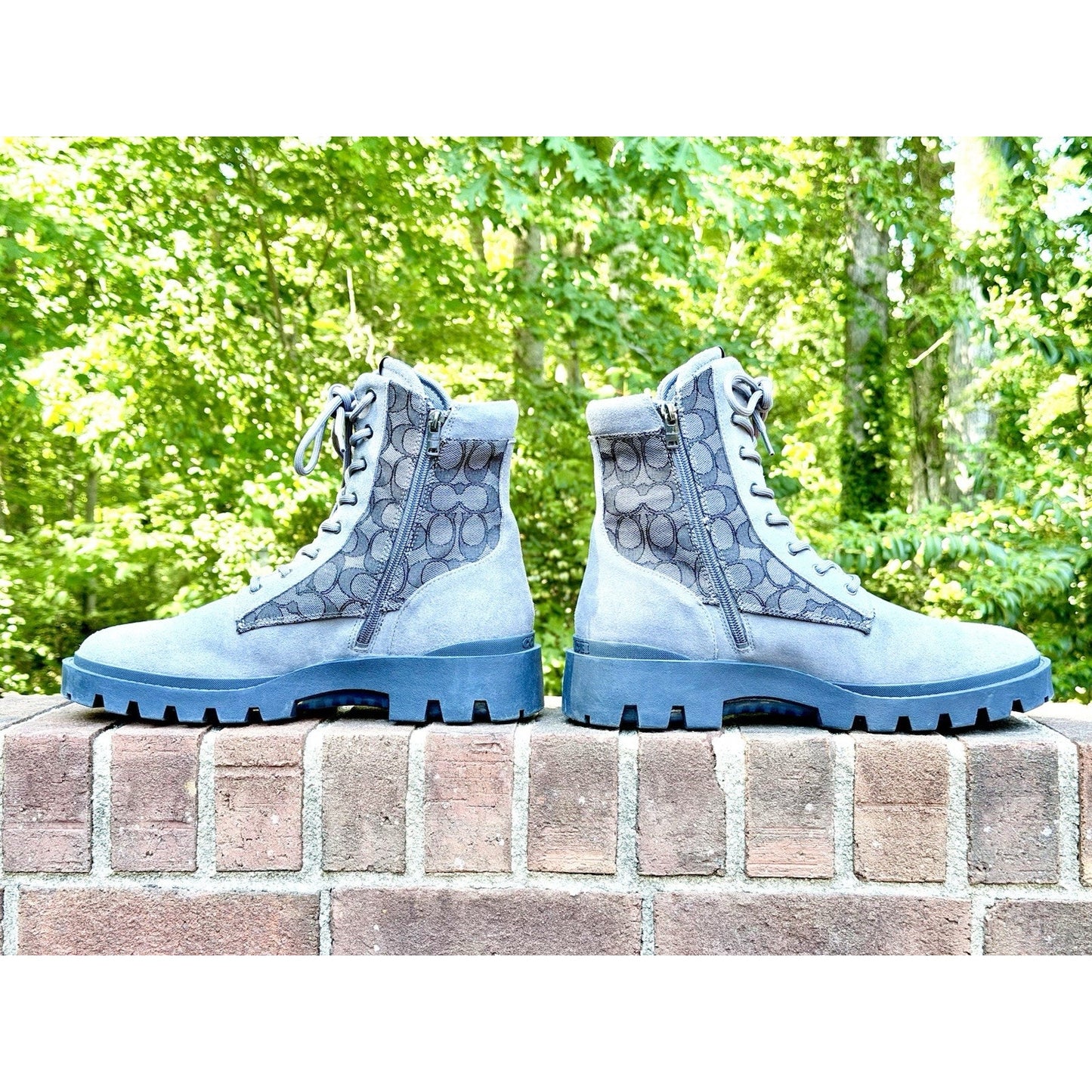 Coach Men’s Blue Suede Signature Canvas Combat Boots Lace Up Side Zip Size 12