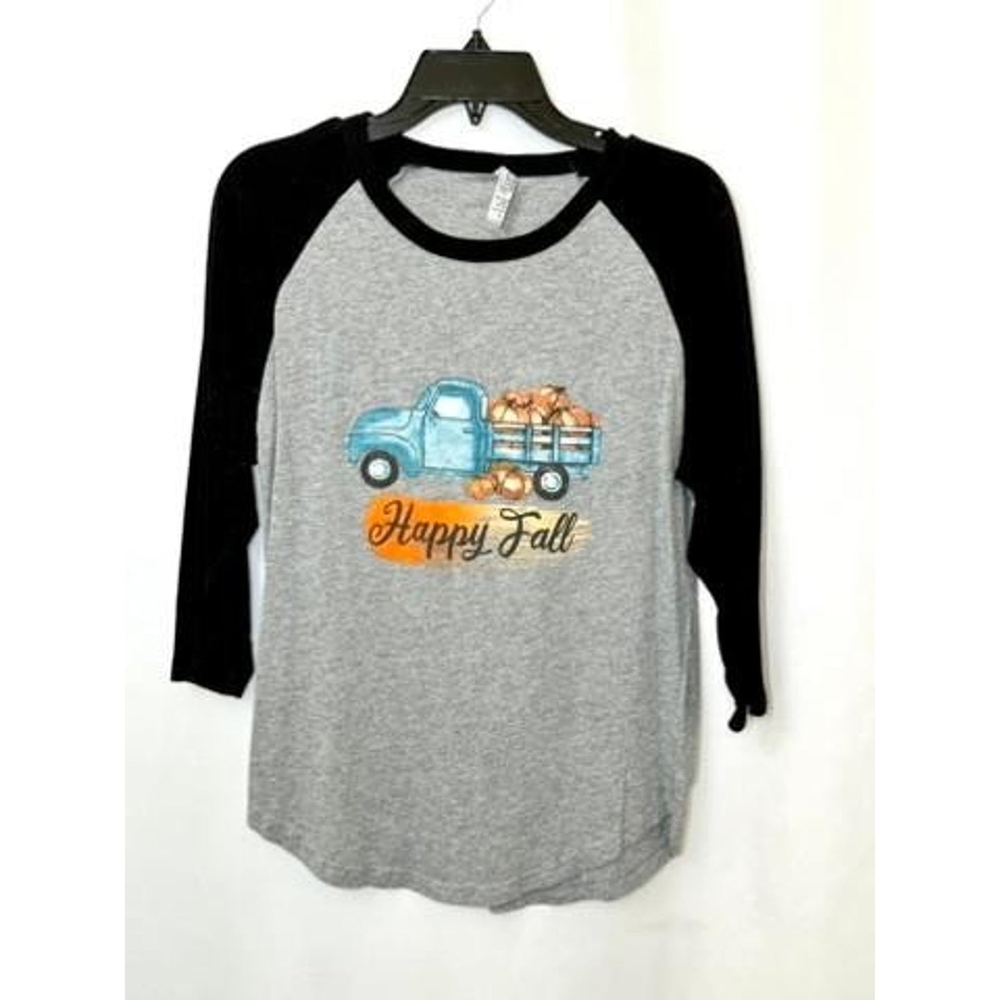 Cotton Heritage Happy Fall Raglan Shirt Womens Small Gray Black 3/4 Sleeve