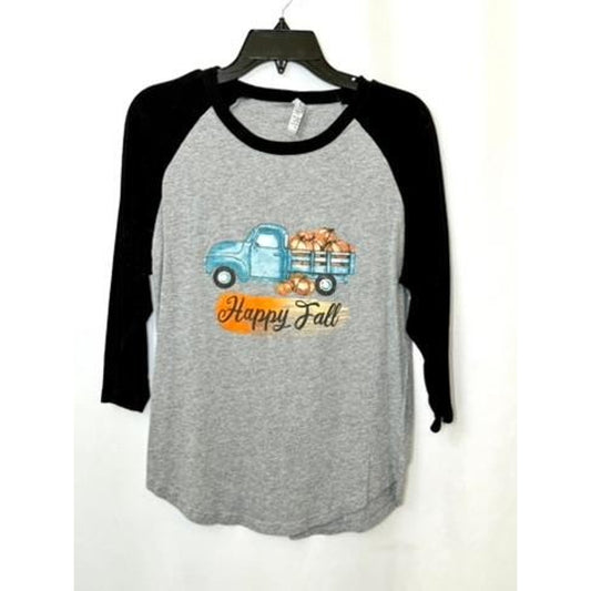 Cotton Heritage Happy Fall Raglan Shirt Womens Small Gray Black 3/4 Sleeve
