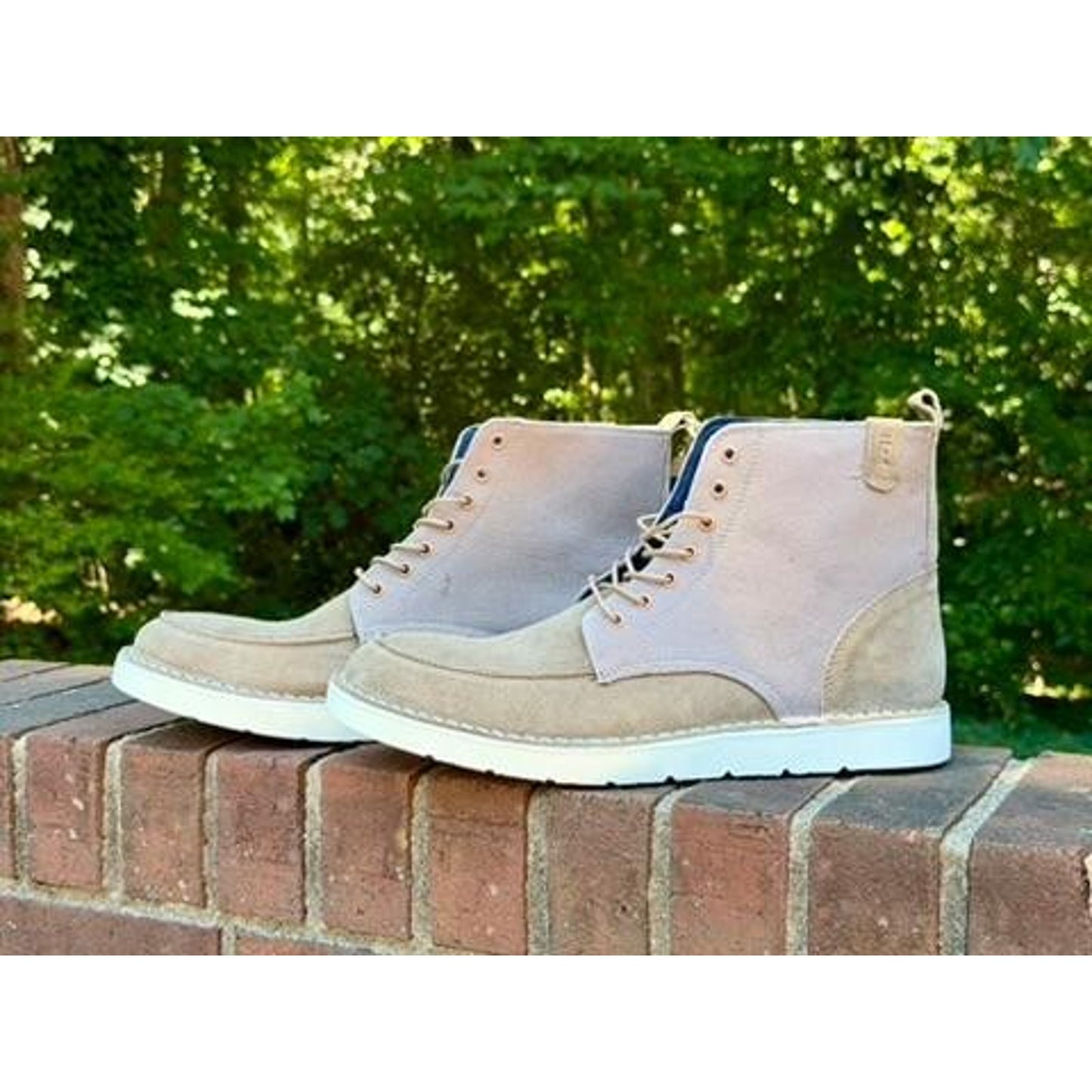 Crevo Mens Size 11.5 Suede Canvas Lace Up Boots Beige Tan Memory Foam Cushioned