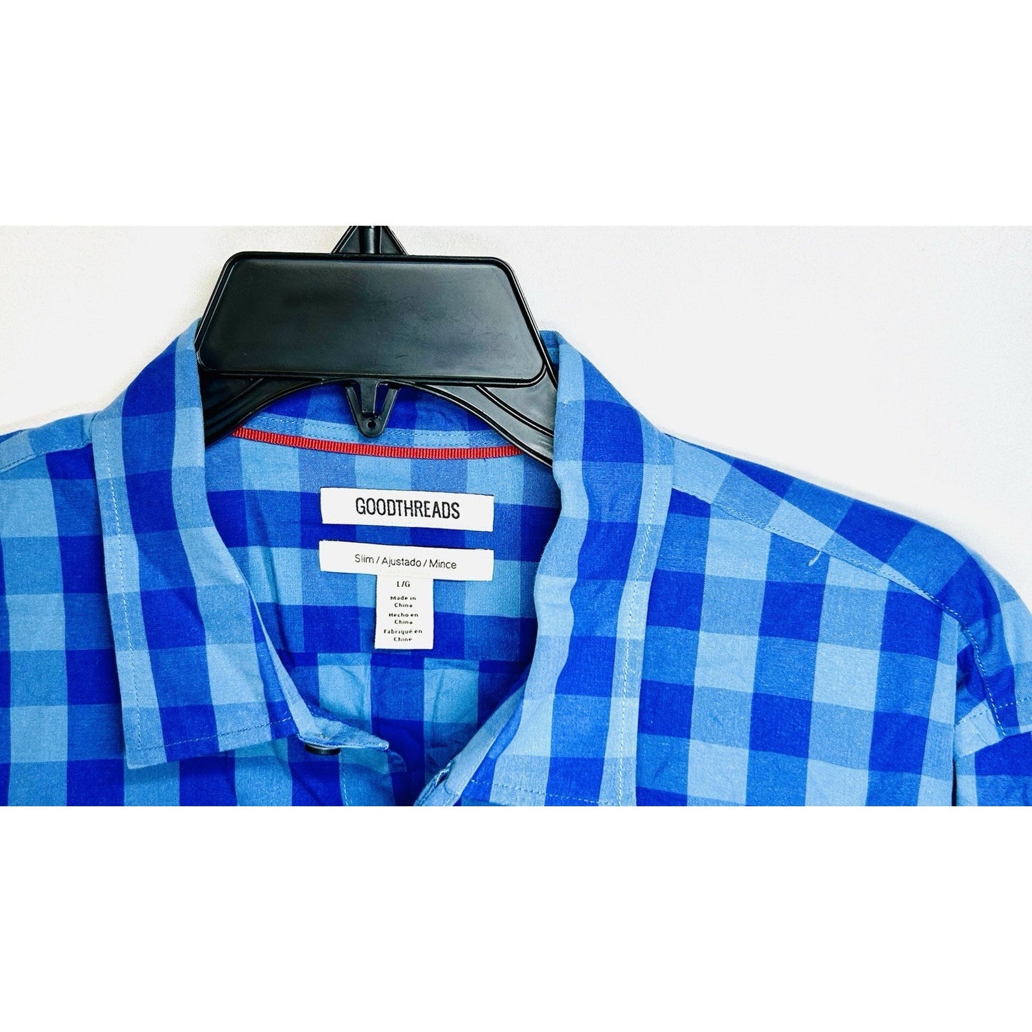 Goodthreads Mens Button Up Shirt Large Blue Checkered Slim Fit Casual Cotton