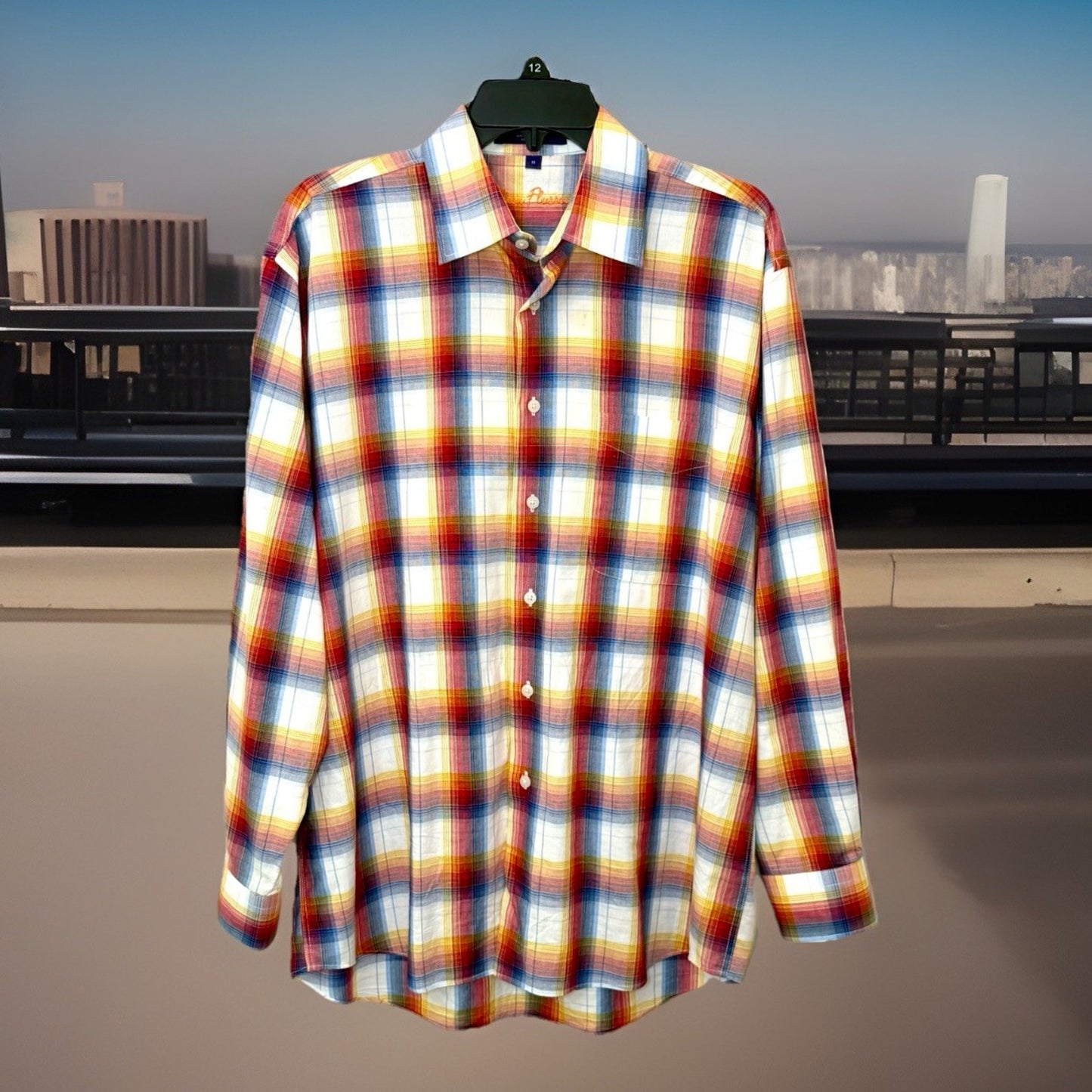 Alan Flusser Mens Shirt Medium M Rainbow Plaid Cotton Long Sleeve Button Down