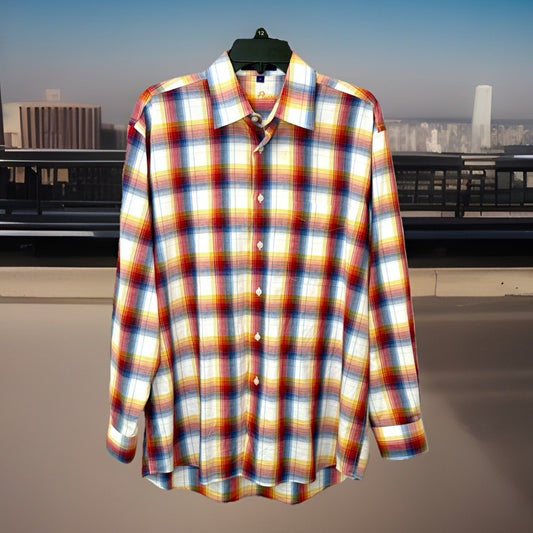 Alan Flusser Mens Shirt Medium M Rainbow Plaid Cotton Long Sleeve Button Down