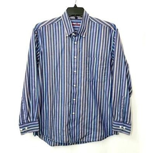 Alan Flusser Mens Large Blue Purple Striped Cotton Button Down Long Sleeve Shirt