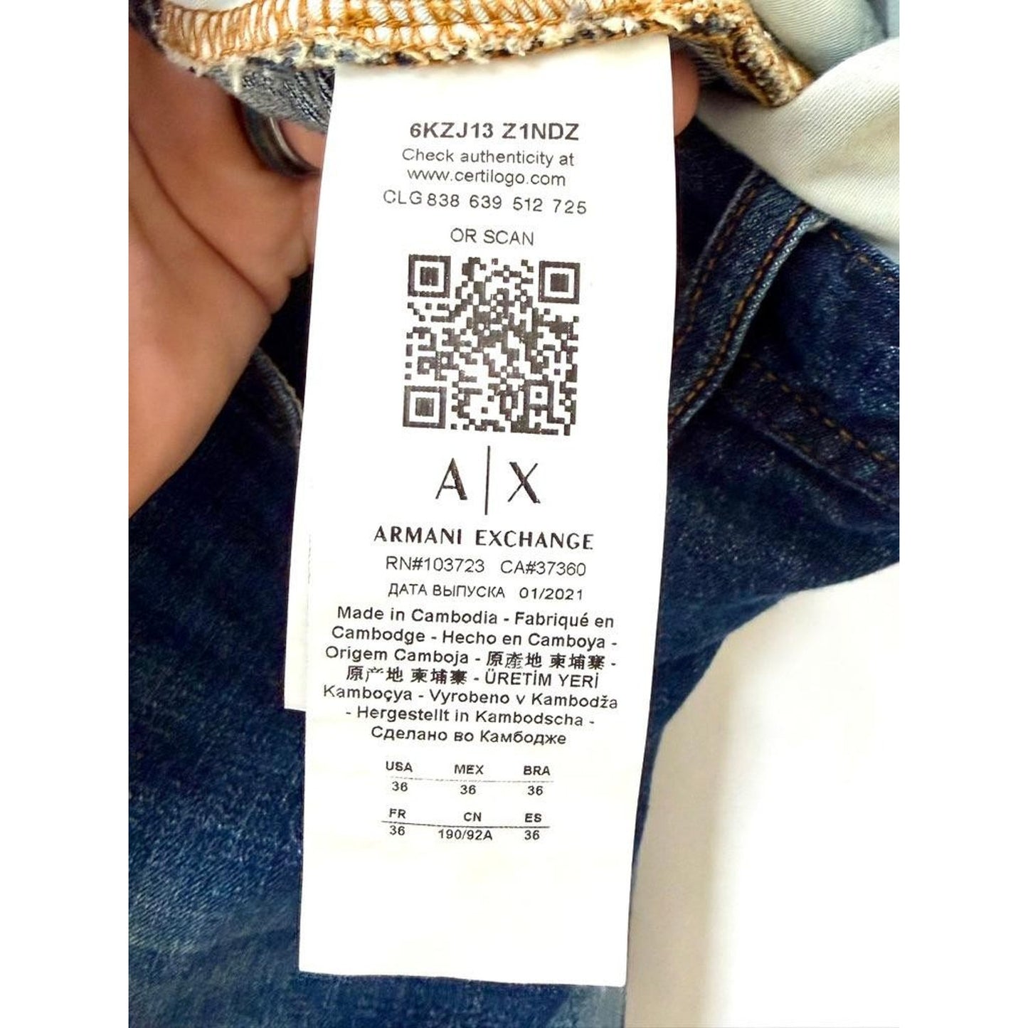 Armani Exchange J13 Slim Fit Jeans Mens Size 36 Blue Denim Pants