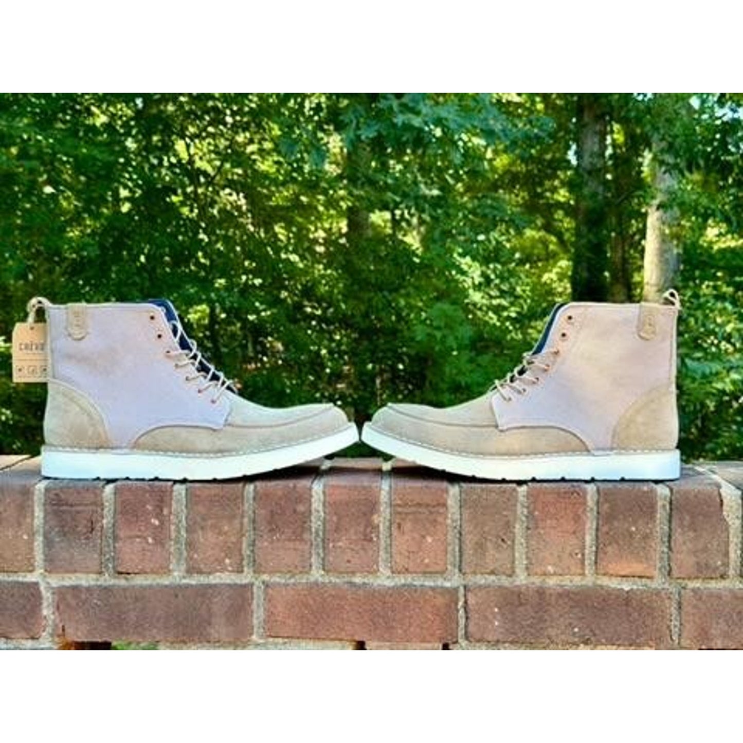 Crevo Mens Size 11.5 Suede Canvas Lace Up Boots Beige Tan Memory Foam Cushioned