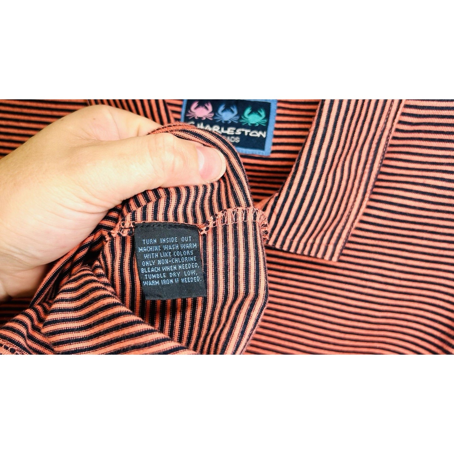 Charleston Threads Golf Polo Shirt-Men's Large- Navy & Orange Striped Activewear