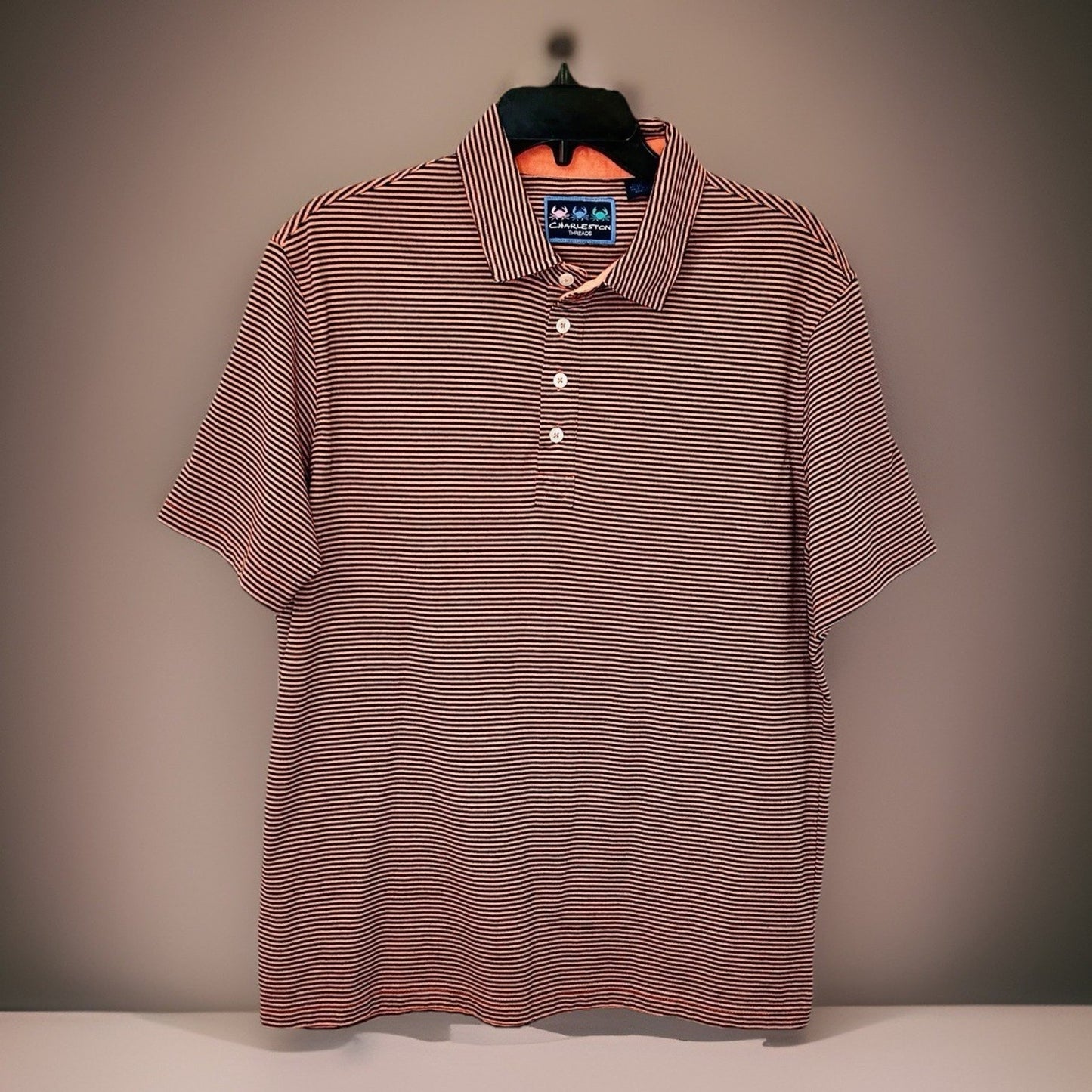 Charleston Threads Golf Polo Shirt-Men's Large- Navy & Orange Striped Activewear