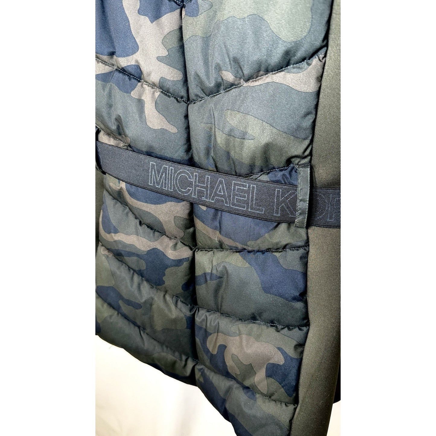 Michael Kors Camo Puffer Faux Fur Trim Hooded Coat Jacket Belted Size Large NWOT