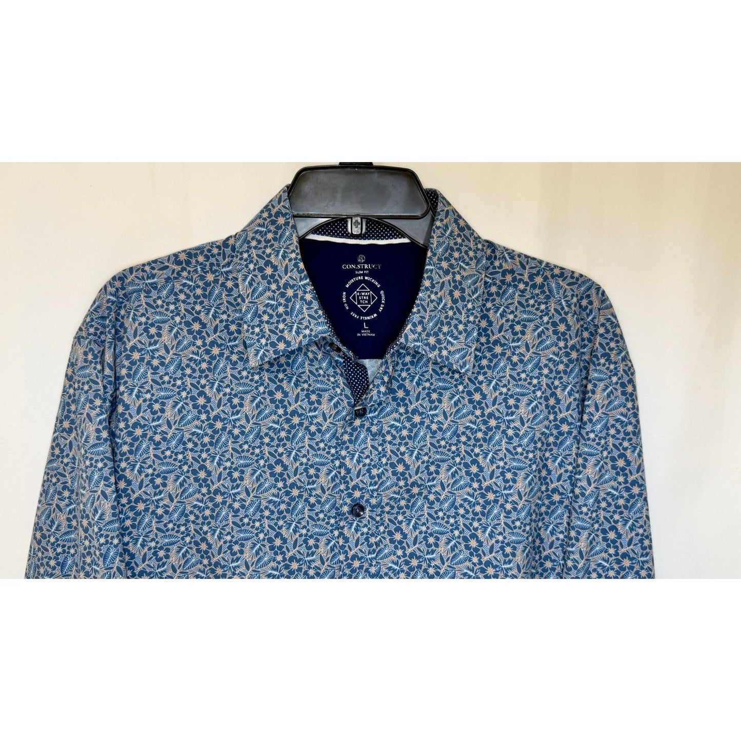 CON.STRUCT 4-Way Stretch Blue Floral Slim Fit Moisture Wicking Button Shirt LG