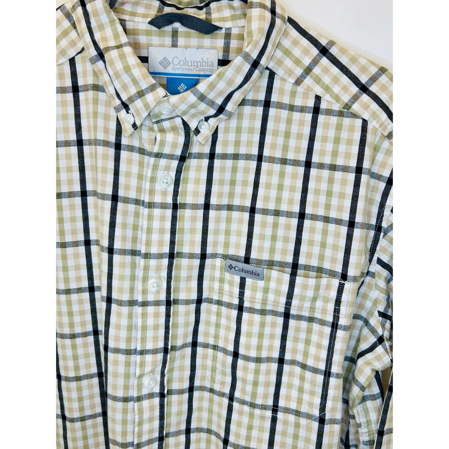 Columbia Plaid Button Up Shirt Long Sleeve Outdoor Casual Yellow White Medium