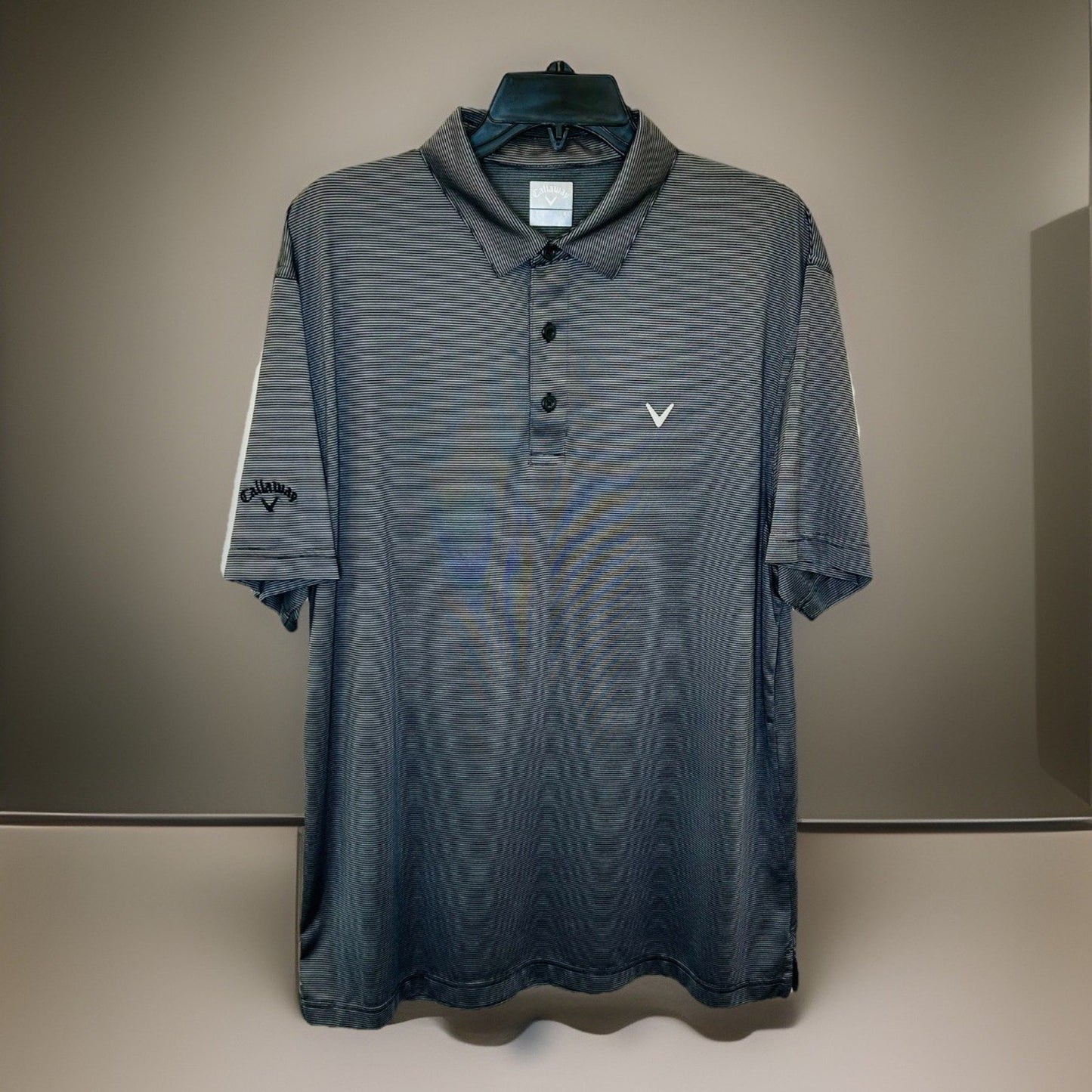 Callaway Polo Shirt Men Large Performance Polyester Stretch Black Silver Striped