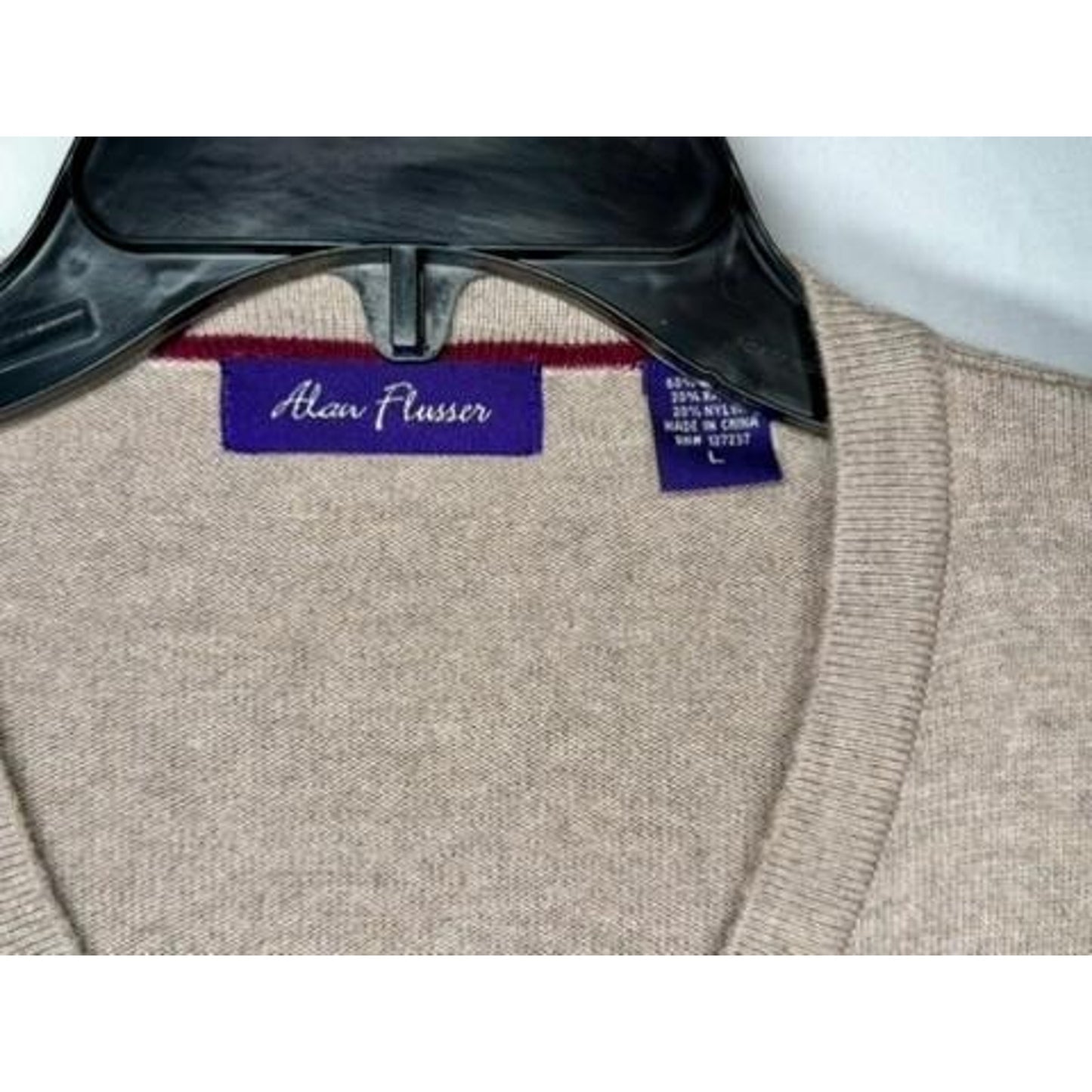 Alan Flusser Sweater Mens Large Beige V-Neck Cotton Blend Knit Pullover