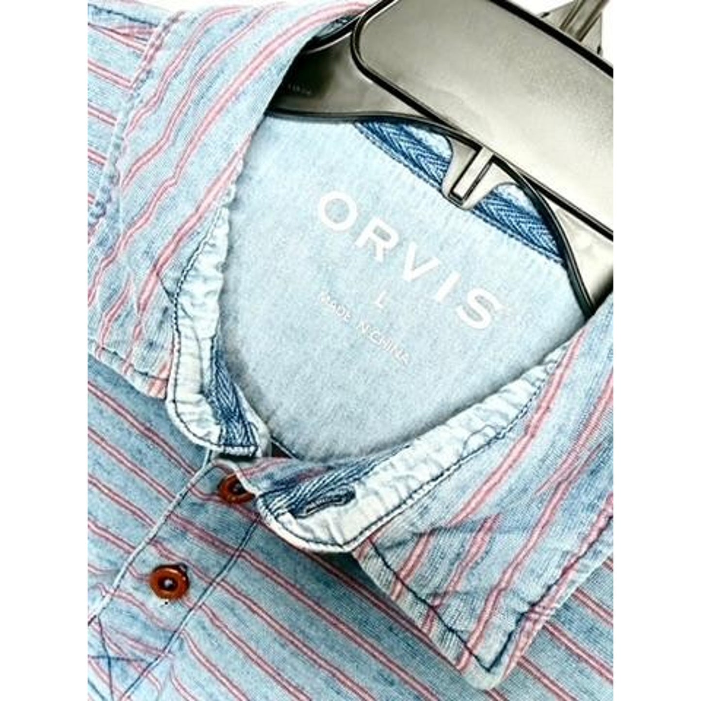 Orvis Shirt Mens Large Blue Red Striped Short Sleeve Cotton Polo Henley Pocket