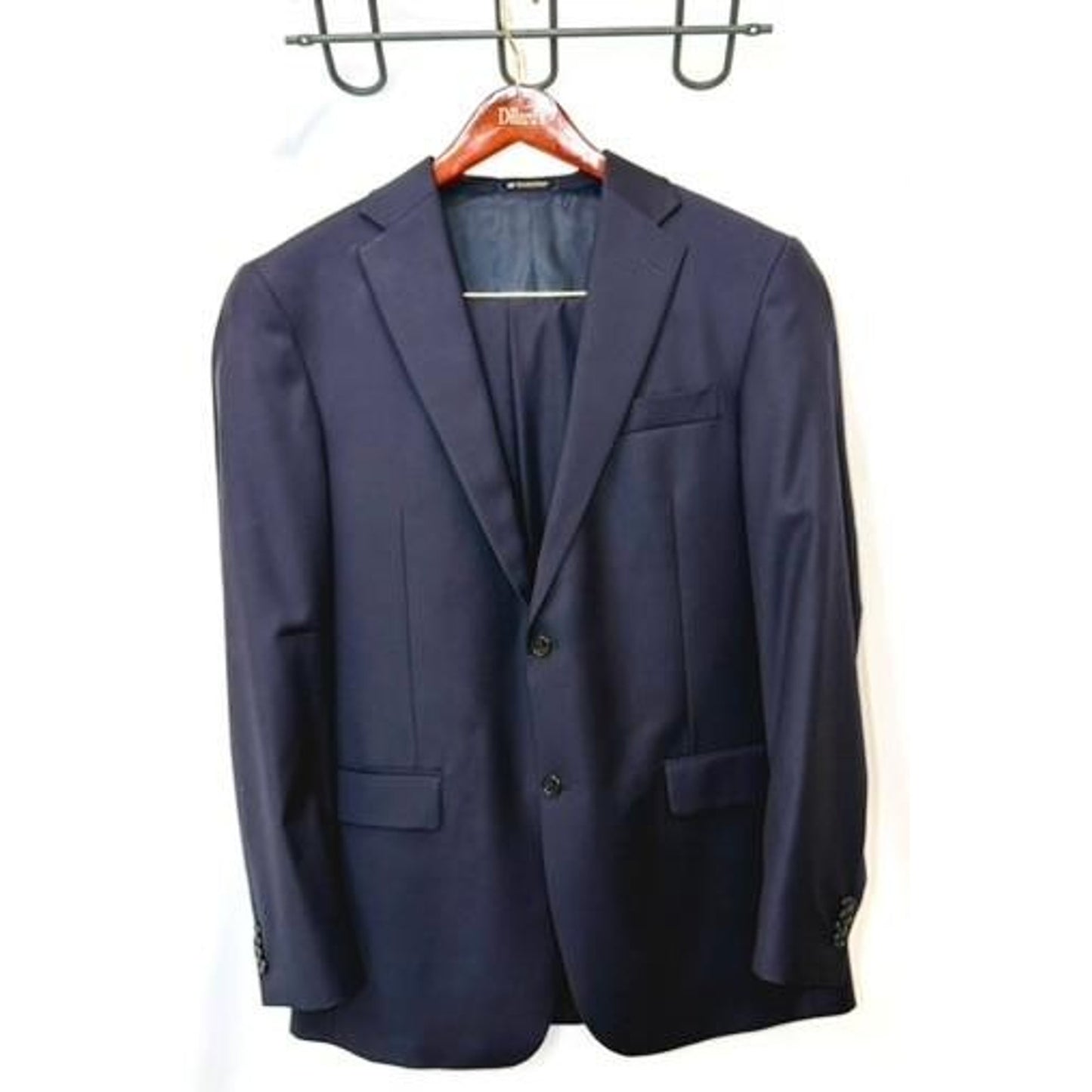 Hart Schaffner Marx Mens 2 Piece Suit 41L Navy Blue Wool Blend Pleated Pants USA