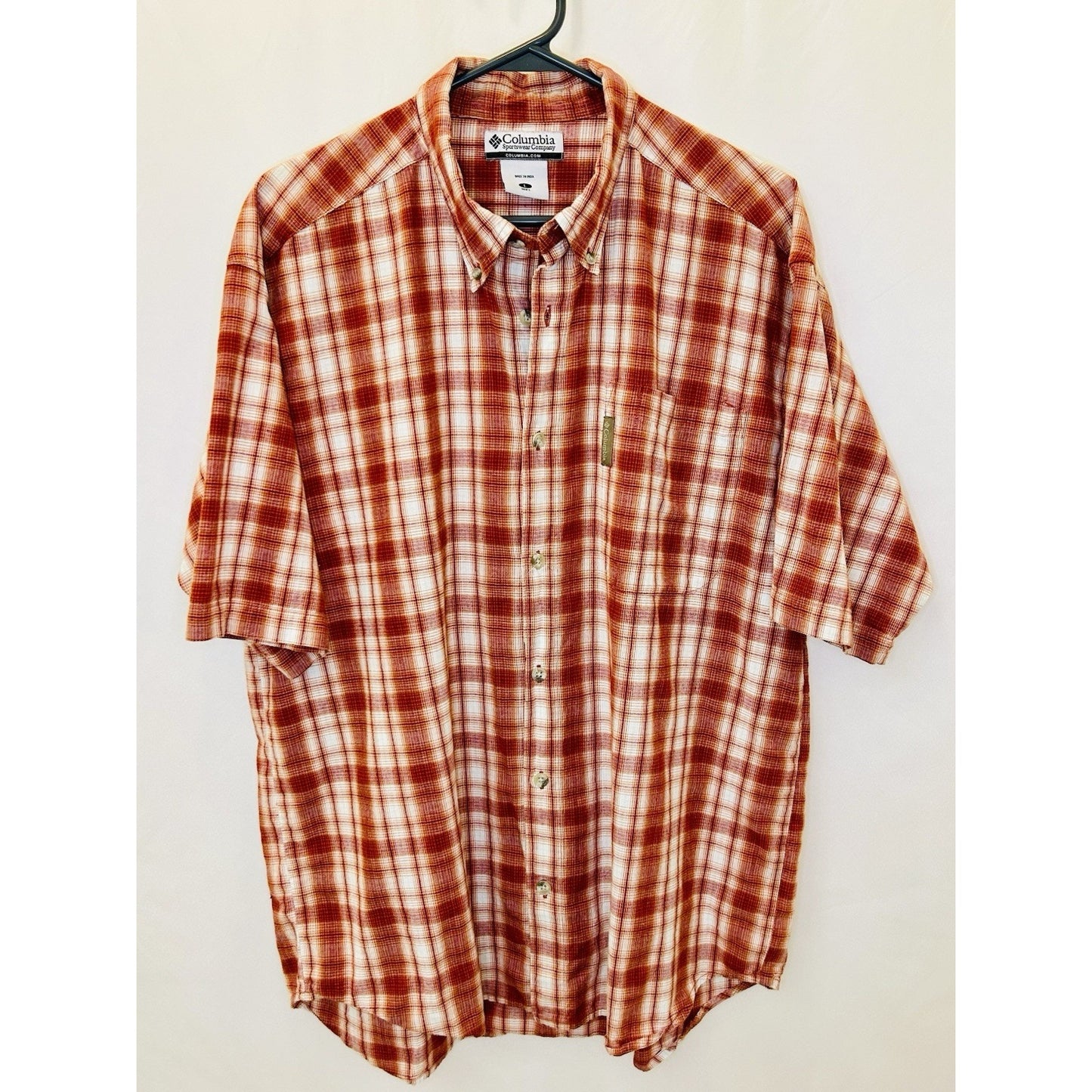 Columbia Plaid Button Up Shirt Short Sleeve Outdoor Casual Red White Large
