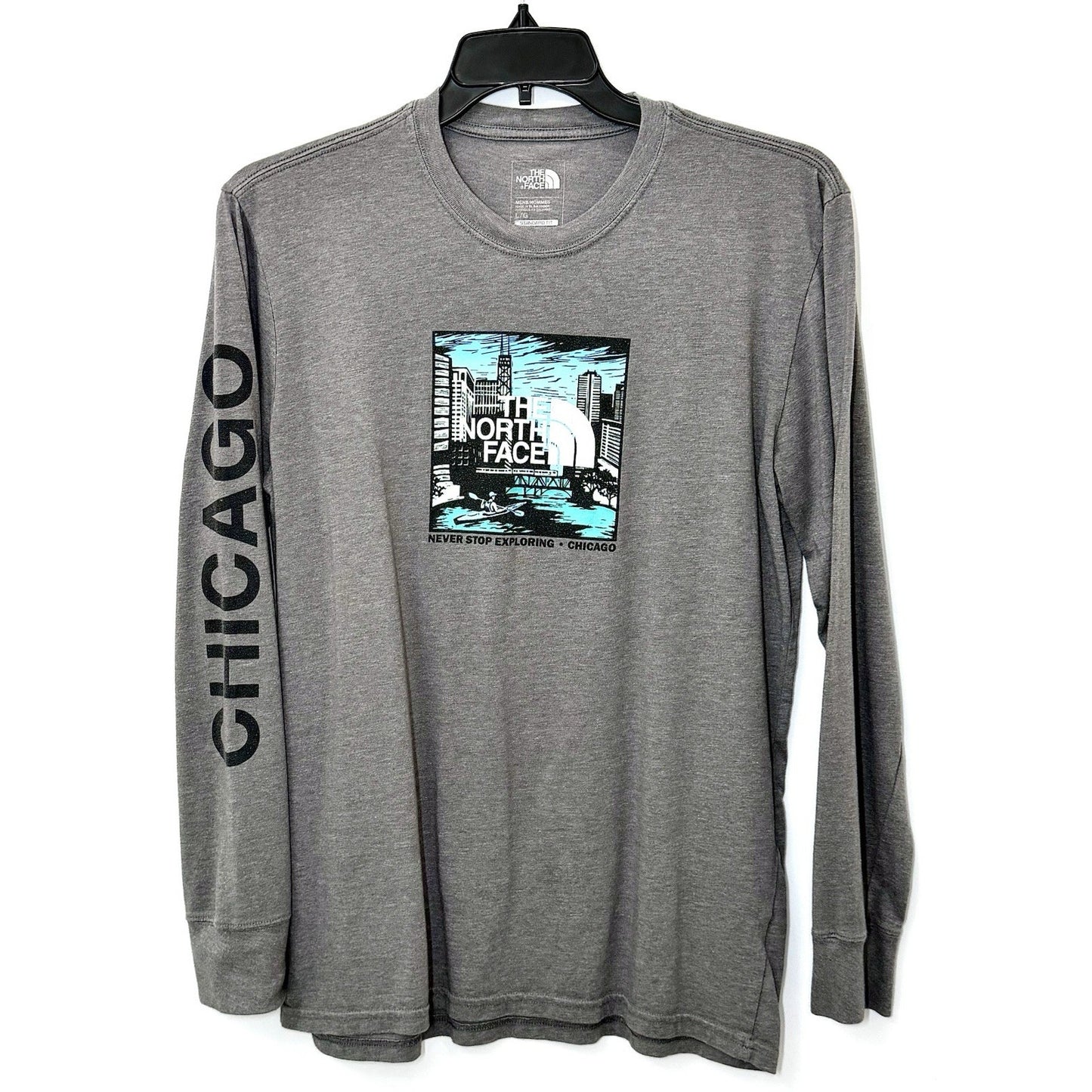 THE NORTH FACE Never Stop Exploring CHICAGO Grey L/S Graphic Tee Size Large RARE