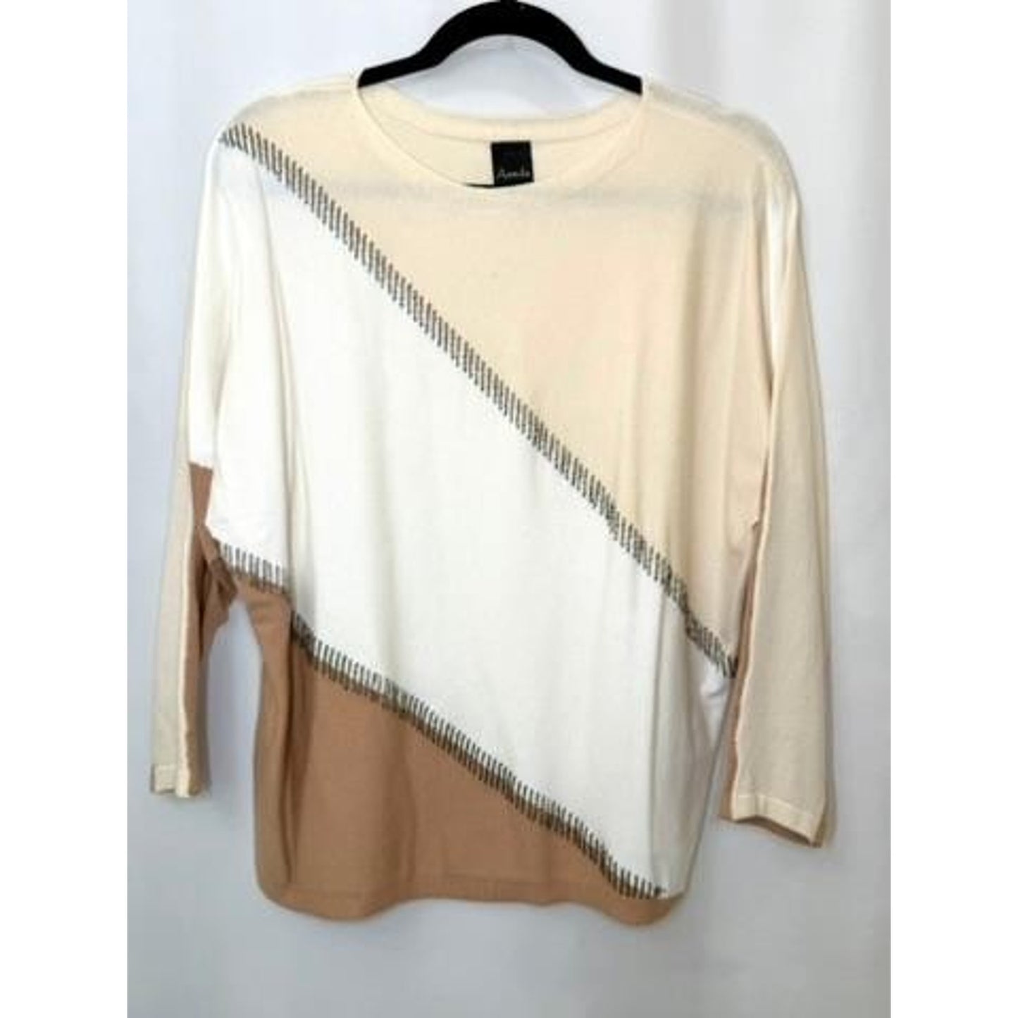 Aaeda Colorblock Beaded Knit Sweater Womens Medium Beige White Tan Pullover