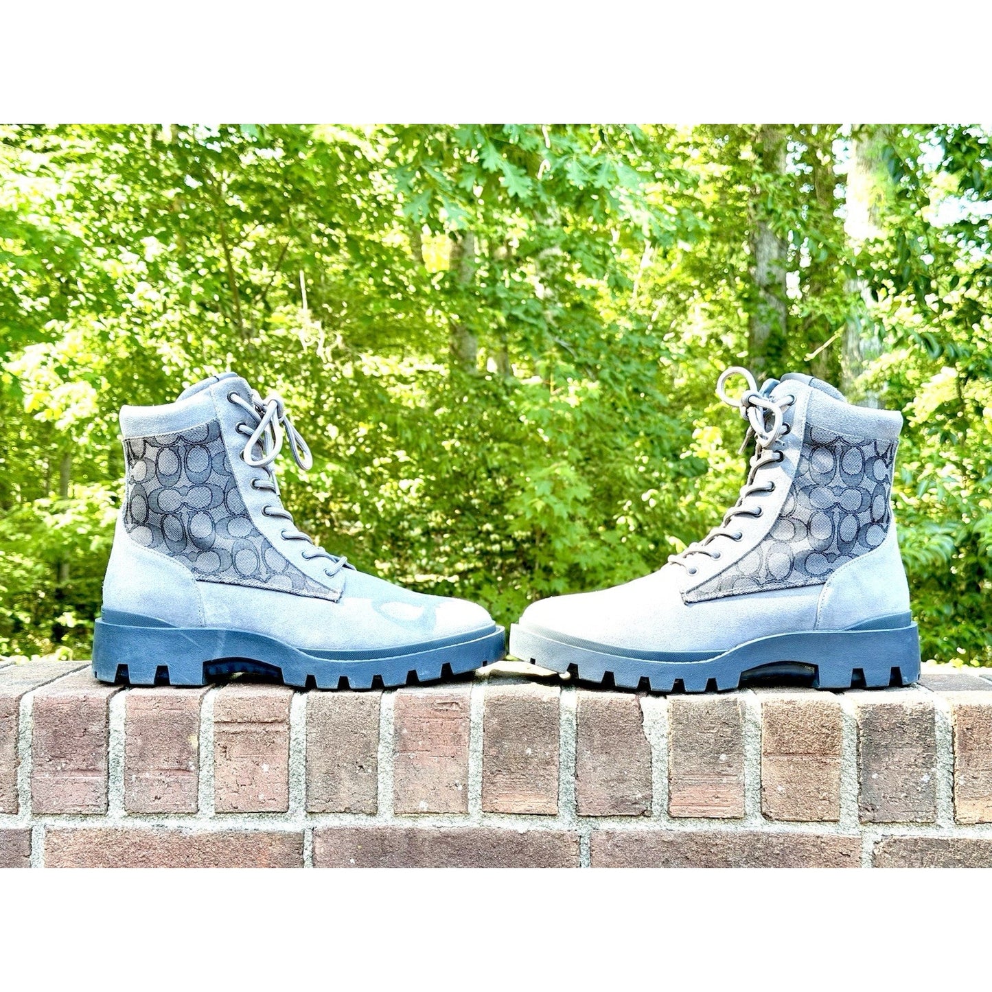 Coach Men’s Blue Suede Signature Canvas Combat Boots Lace Up Side Zip Size 12