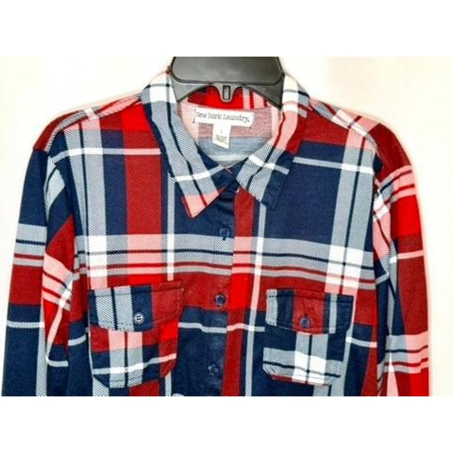 New York Laundry Plaid Button Up Shirt Womens Large Red Blue Roll Tab Sleeve