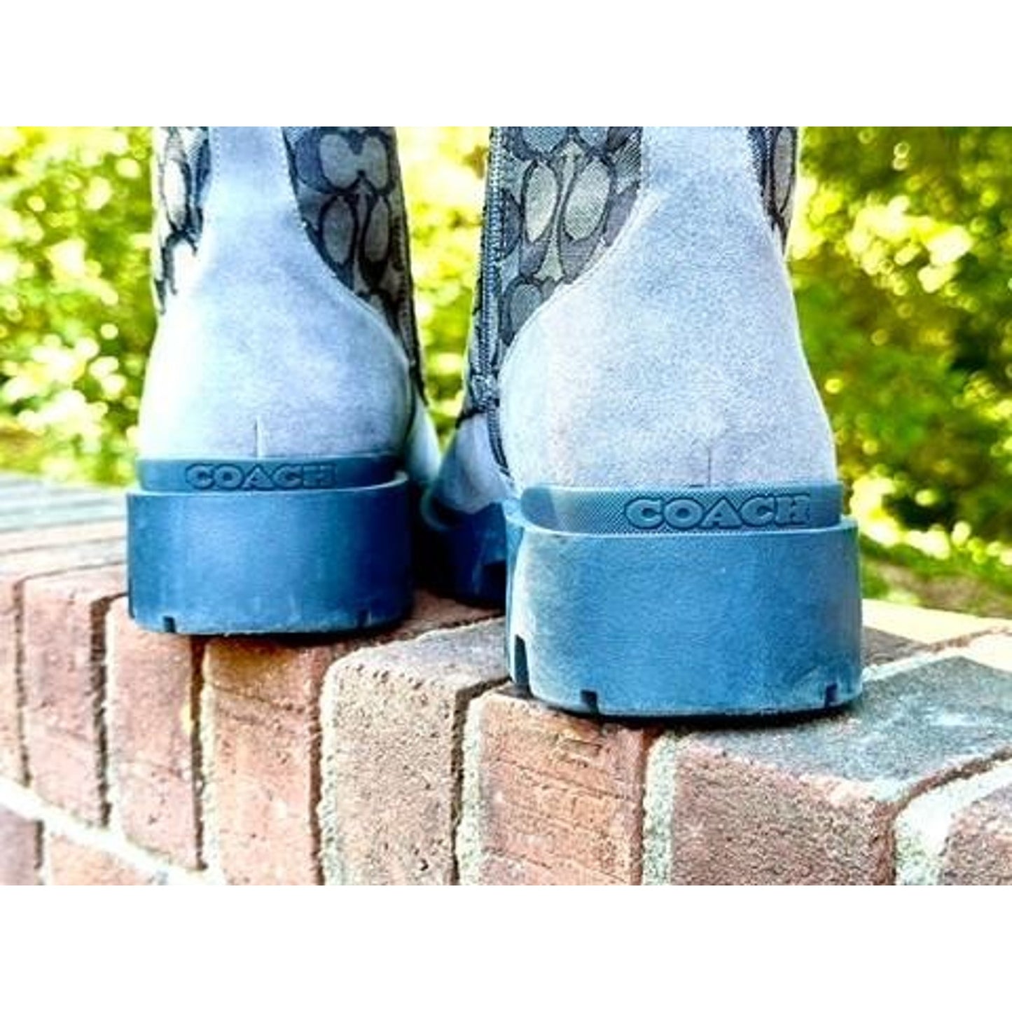 Coach Women Blue Suede Signature Canvas Combat Boots Lace Up Side Zip Lug Sole