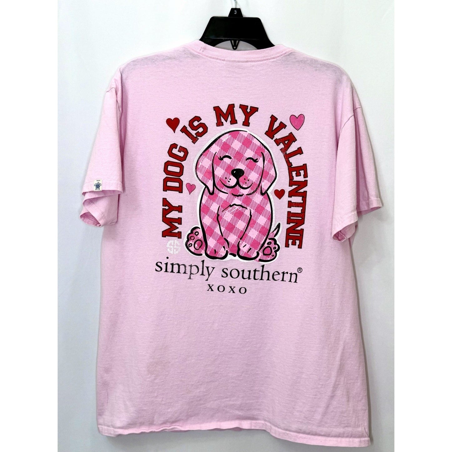 Simply Southern Womens Large L Pink My Dog Is My Valentine Shirt Plaid Puppy EUC