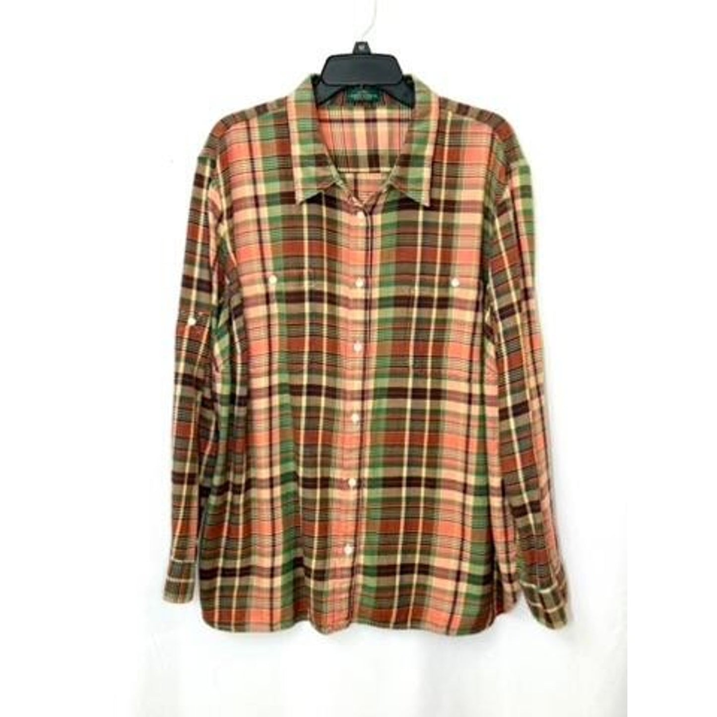 Lauren Ralph Lauren Plaid Flannel Shirt Womens 3X Orange Green Button Up LRL