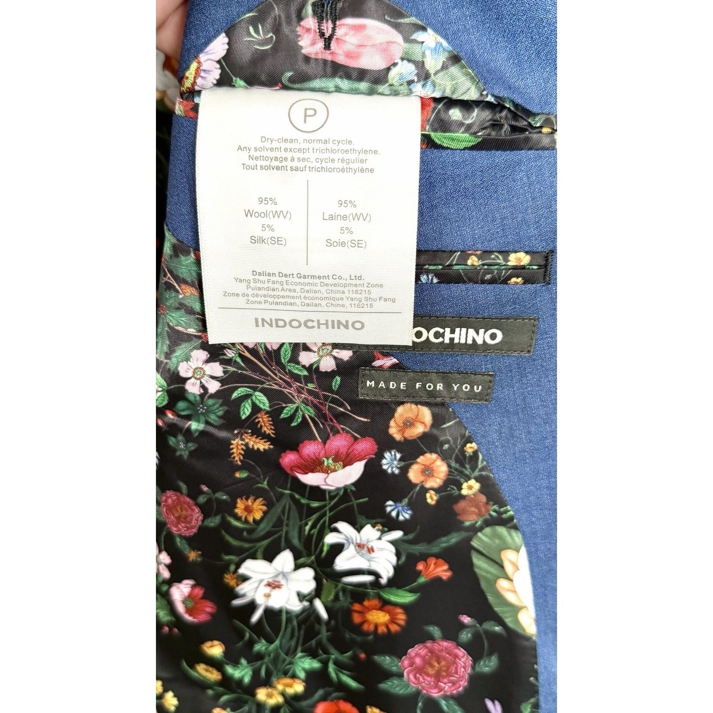 NWT Indochino Custom Blue/Floral Men Sport Coat Blazer Jacket Wool/Silk Size 46R