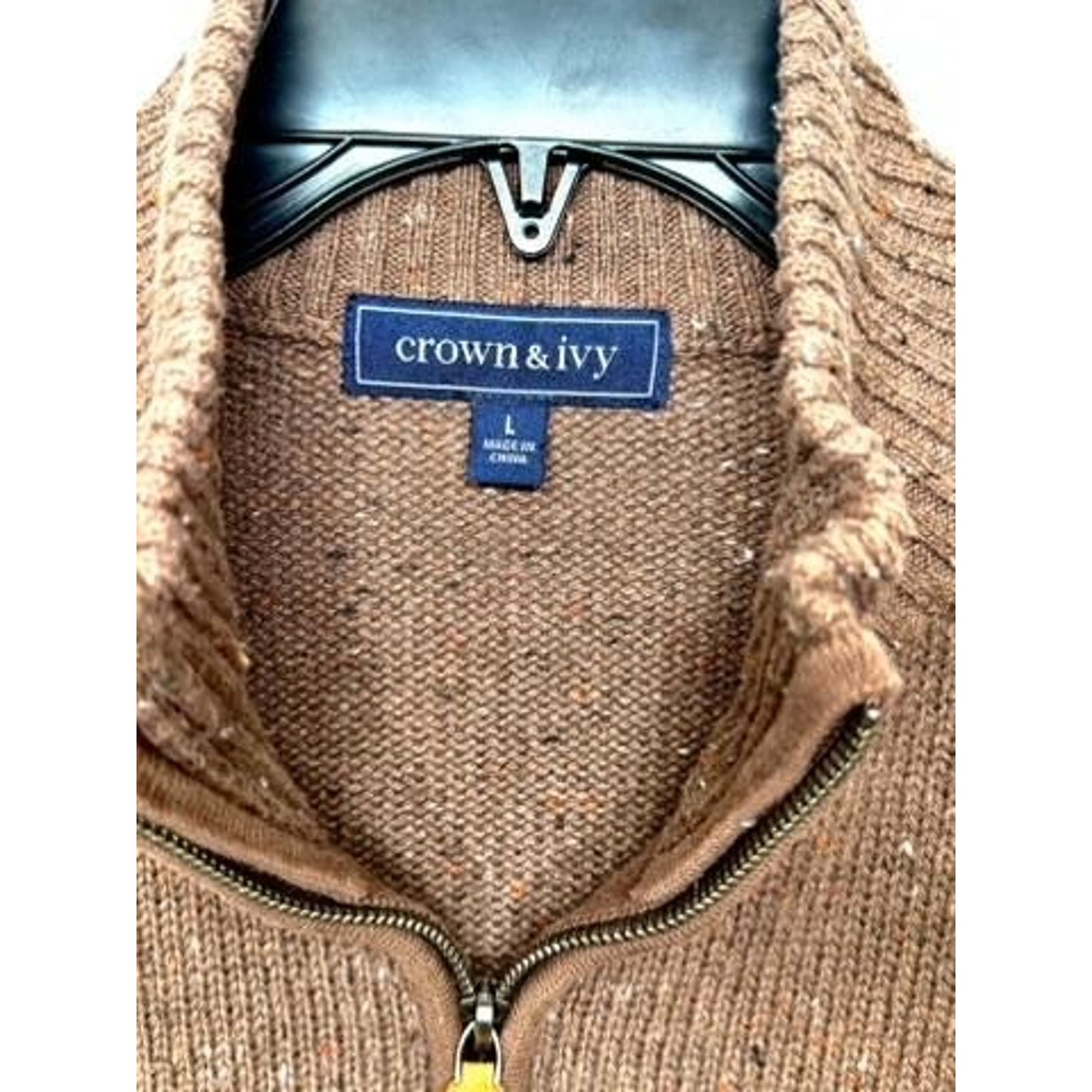 Crown & Ivy Mens Large Brown Tweed Knit 1/4 Zip Pullover Sweater Cotton Blend