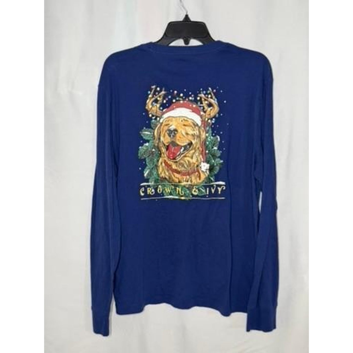 Crown & Ivy Christmas Golden Retriever Long Sleeve T-Shirt Mens Large Blue Dog