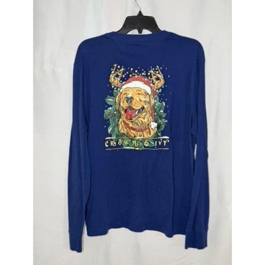 Crown & Ivy Christmas Golden Retriever Long Sleeve T-Shirt Mens Large Blue Dog
