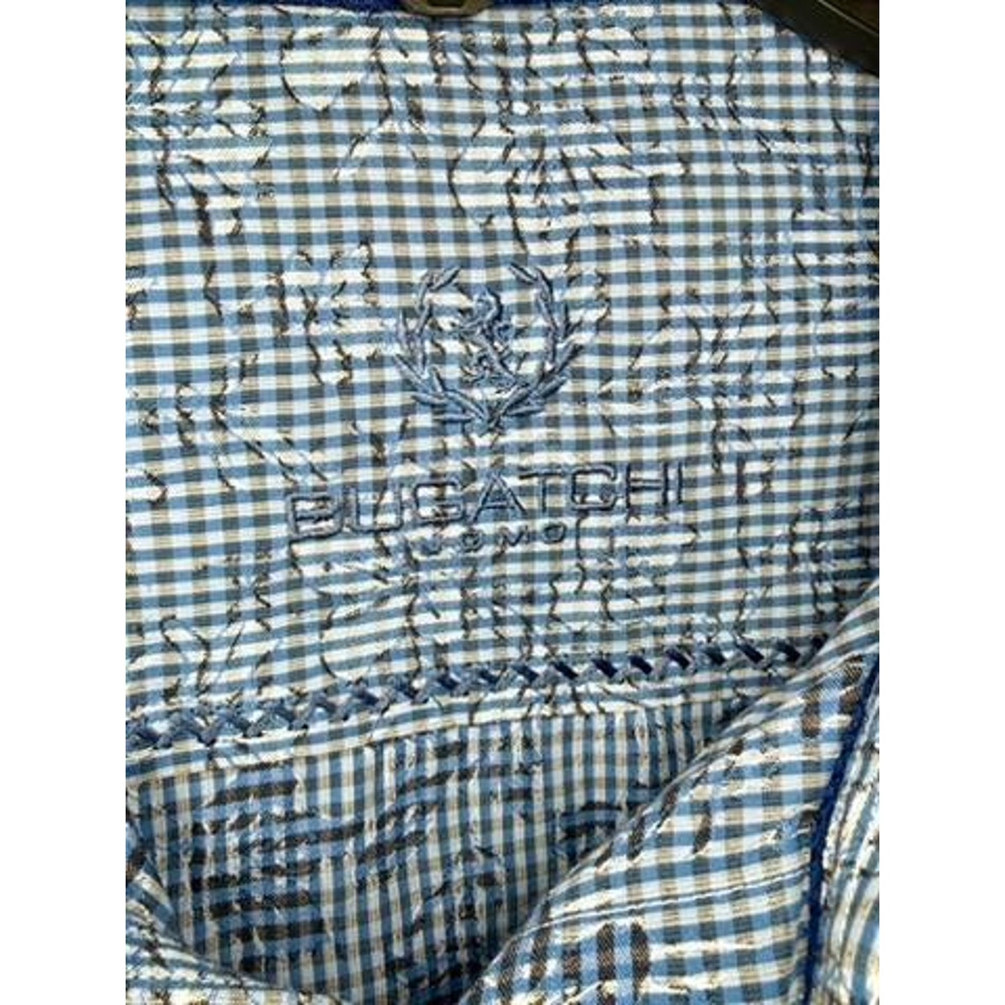 Bugatchi Uomo Shirt Mens Large Blue Gingham Floral Long Sleeve Shaped Fit Cotton