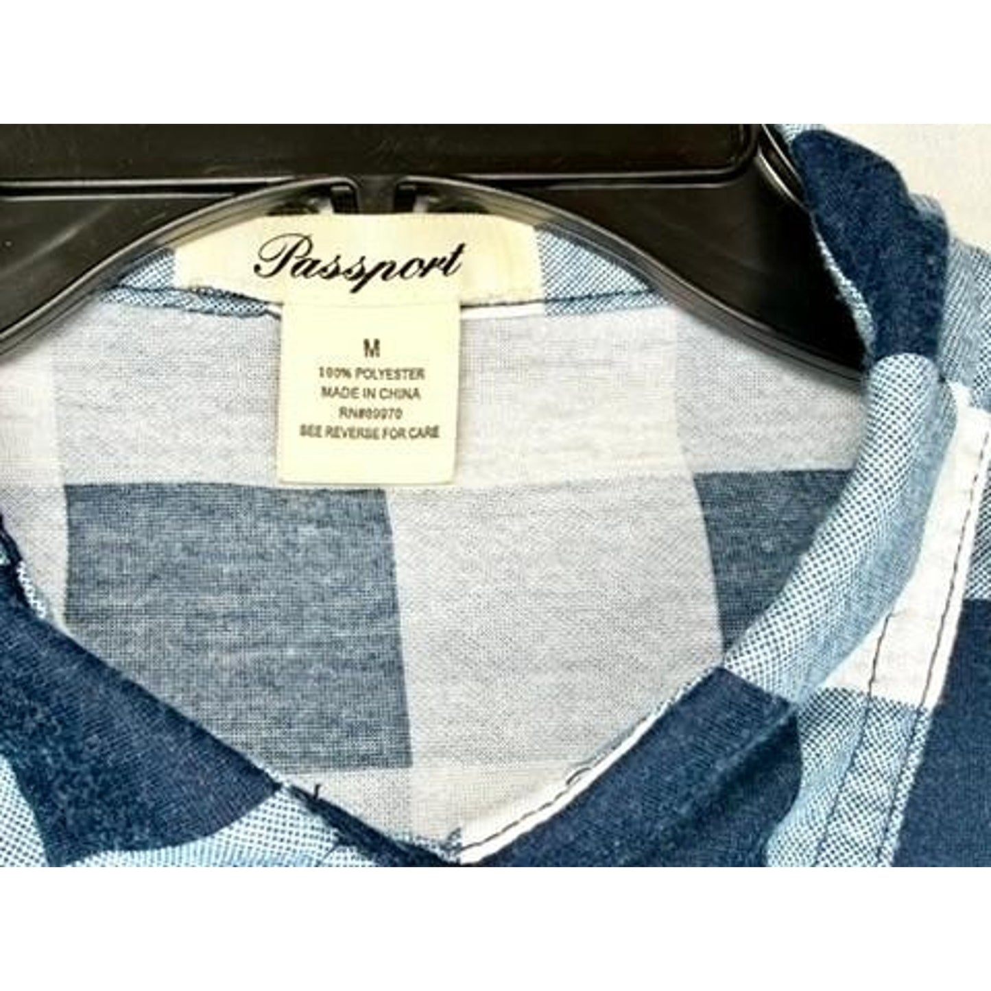 Passport Women Plaid Button Up Shirt Size M Blue White Buffalo Check Roll Tab
