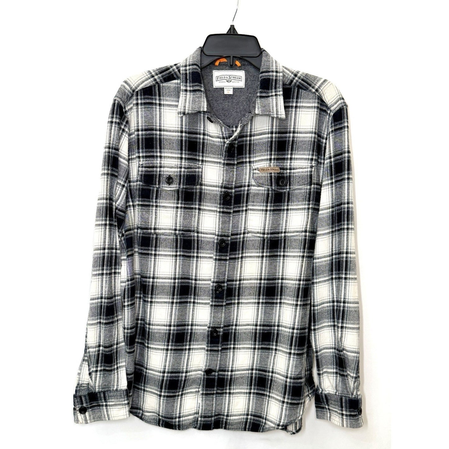 FIELD & STREAM Mens XL Flannel Shirt Black White Plaid Long Sleeve Heavyweight