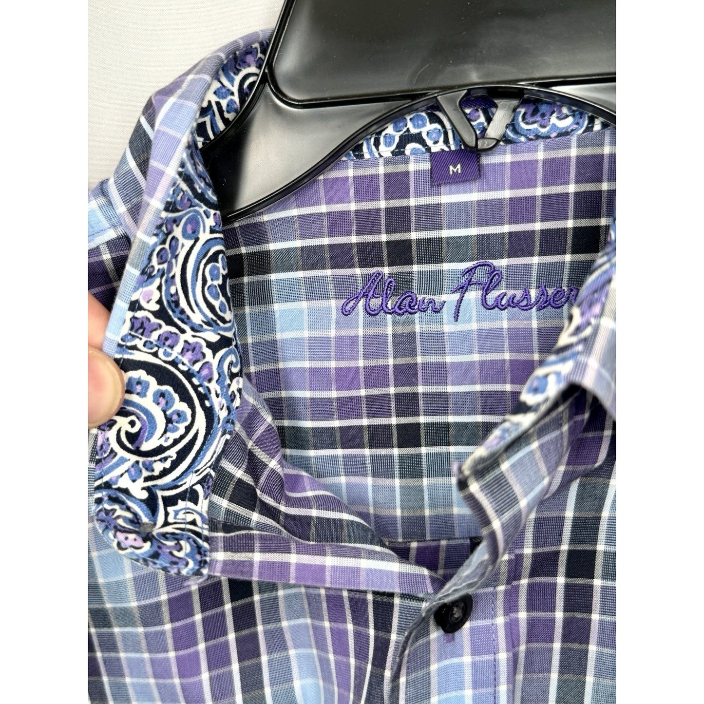 Alan Flusser Mens Medium M Purple Plaid Paisley Trim LS Button Front Sport Shirt
