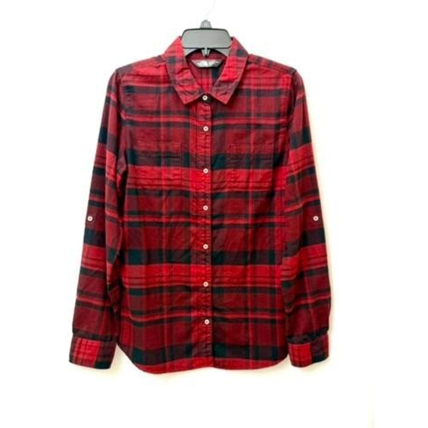 The North Face Flannel Shirt Womens Large Red Black Plaid Roll Tab Sleeve Cotton