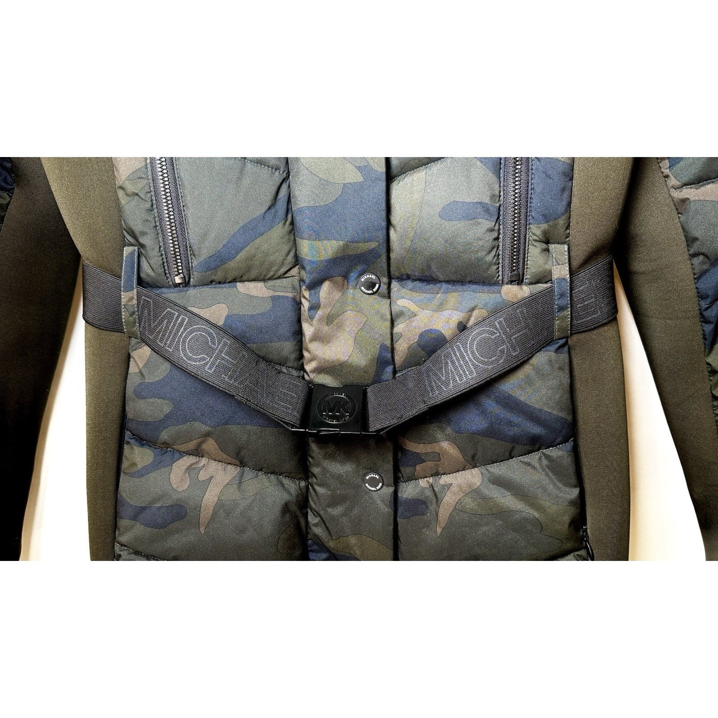 Michael Kors Camo Puffer Faux Fur Trim Hooded Coat Jacket Belted Size Large NWOT