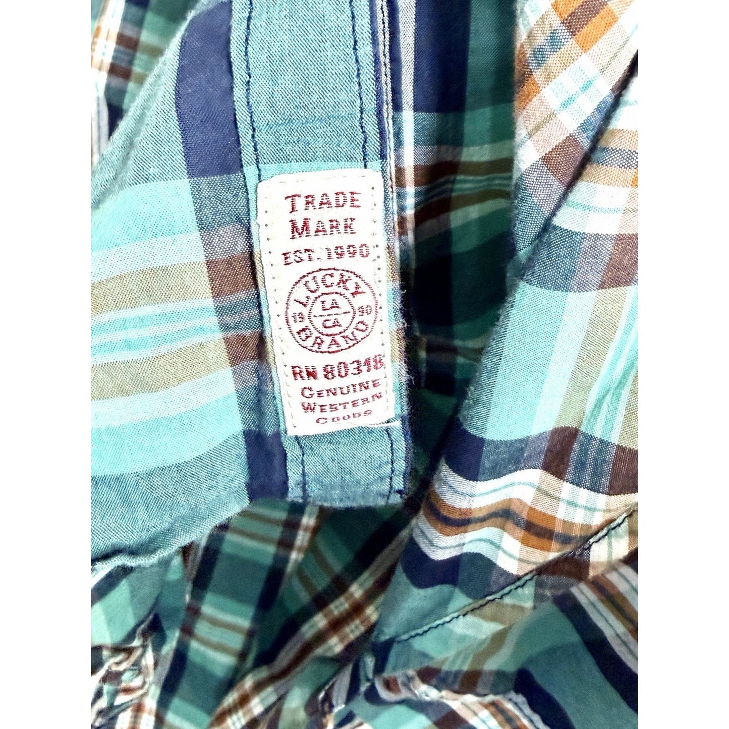 Lucky Brand Men’s XL Western Pearl Snap Shirt Plaid Green Teal Flannel EUC