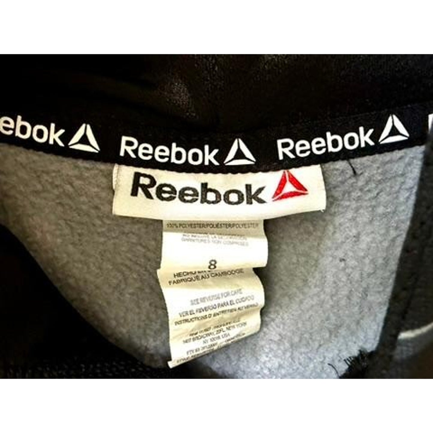Reebok Boys Hoodie Sweatshirt Size 8 Medium Black Grey All Over Print Pullover