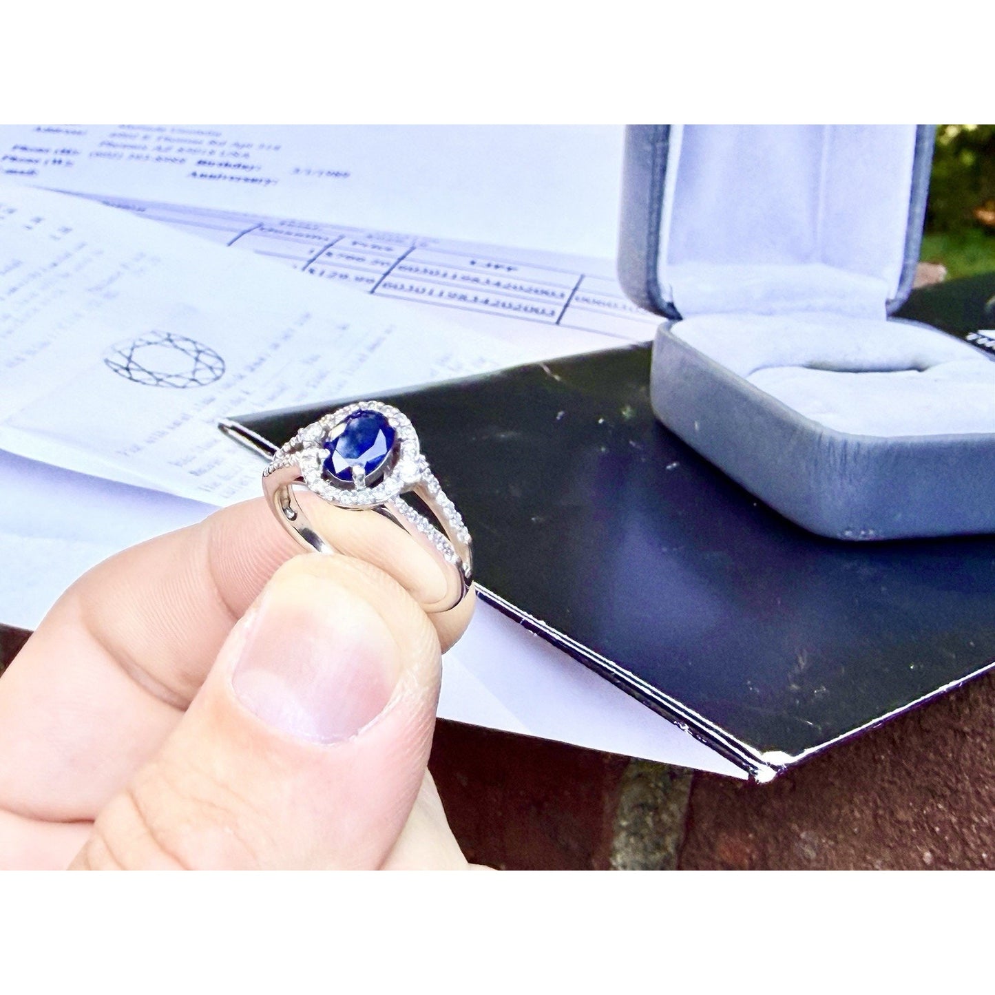Zales Blue Sapphire Diamond Halo Engagement Ring 10K White Gold 1/3 CTW