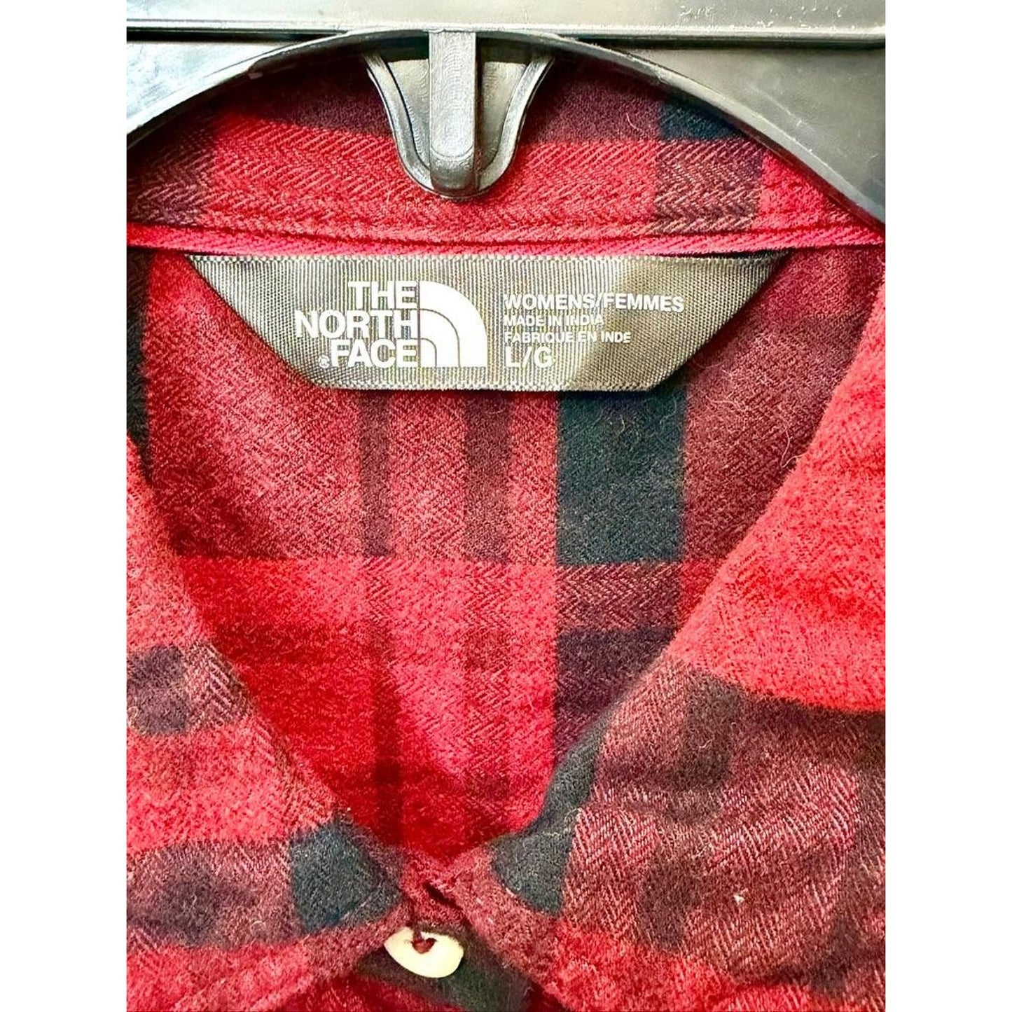 The North Face Flannel Shirt Womens Large Red Black Plaid Roll Tab Sleeve Cotton