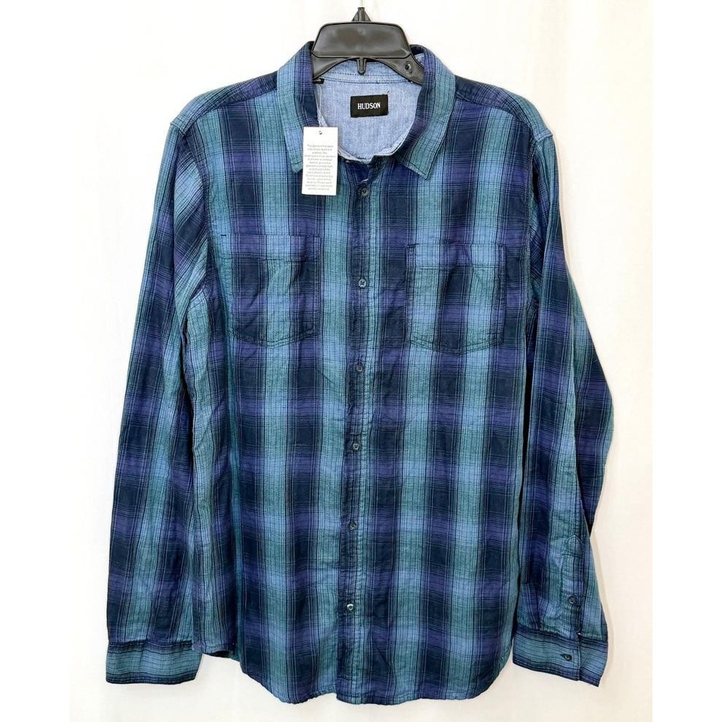Hudson Jeans Santana Plaid Flannel Shirt Mens Large Blue Green Cotton Button Up