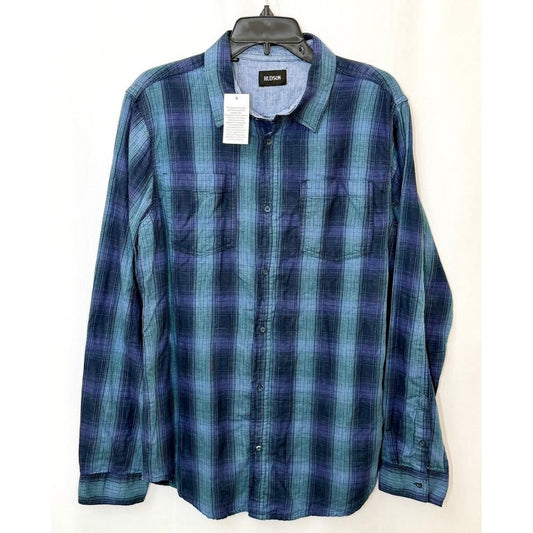 Hudson Jeans Santana Plaid Flannel Shirt Mens Large Blue Green Cotton Button Up