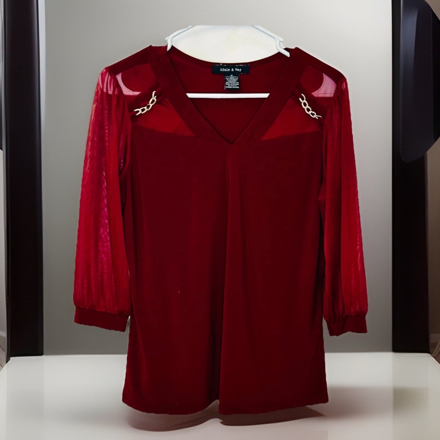 Adele & May Woman's Red Sheer Sleeve V-Neck Blouse Size Medium