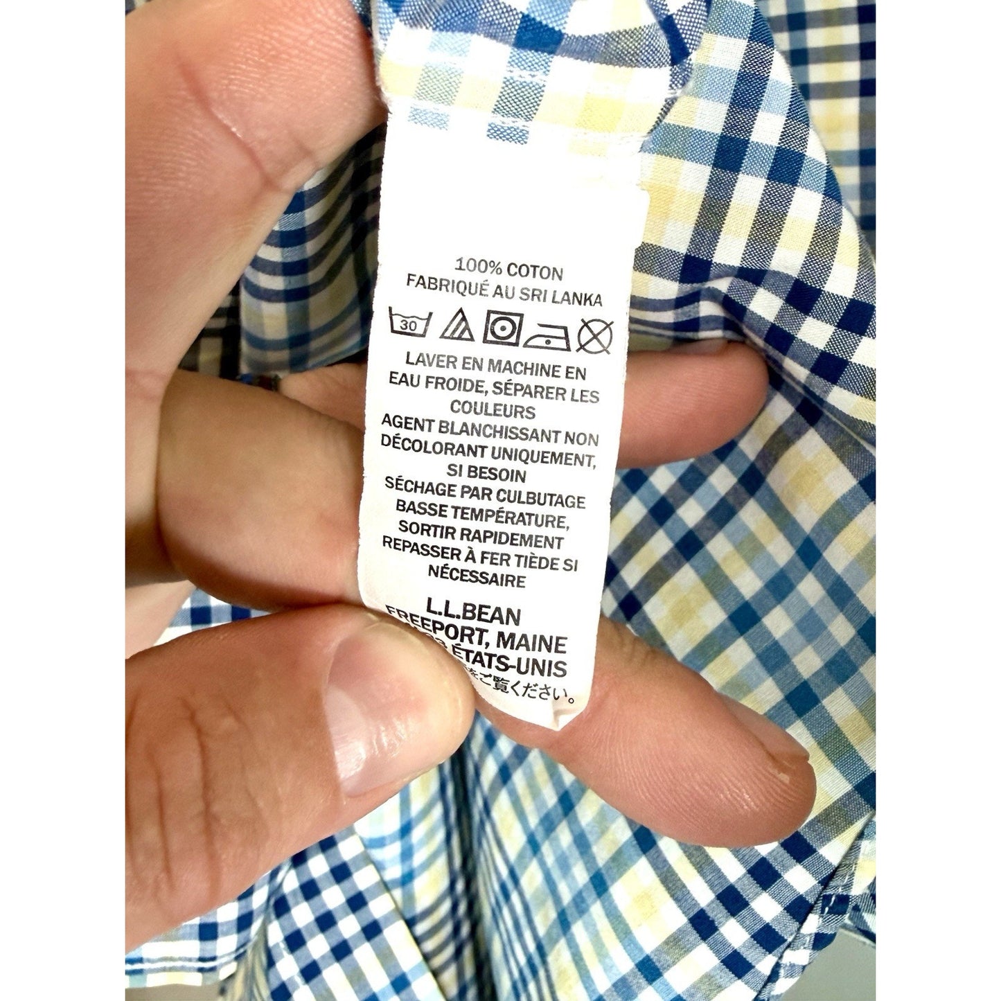 LL Bean Shirt Mens Medium White Blue Yellow Plaid Button Up Long Sleeve Cotton