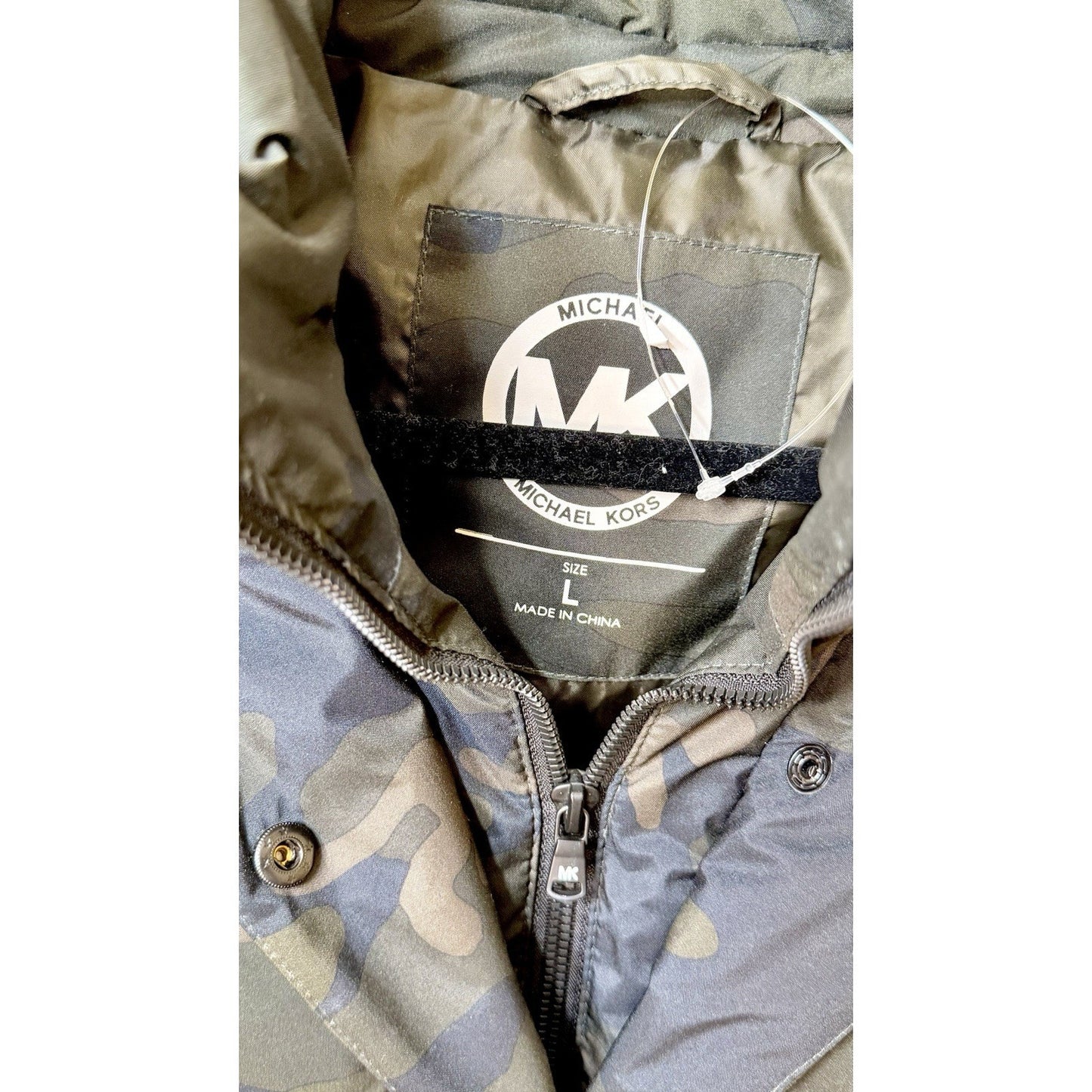 Michael Kors Camo Puffer Faux Fur Trim Hooded Coat Jacket Belted Size Large NWOT
