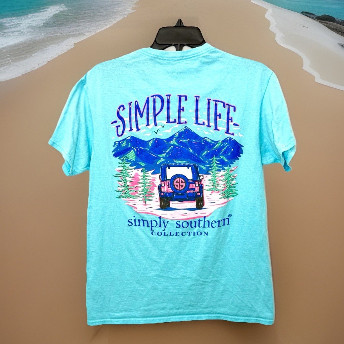 Simply Southern Simple Life Jeep Mountain T-Shirt Womens Medium Blue Tee