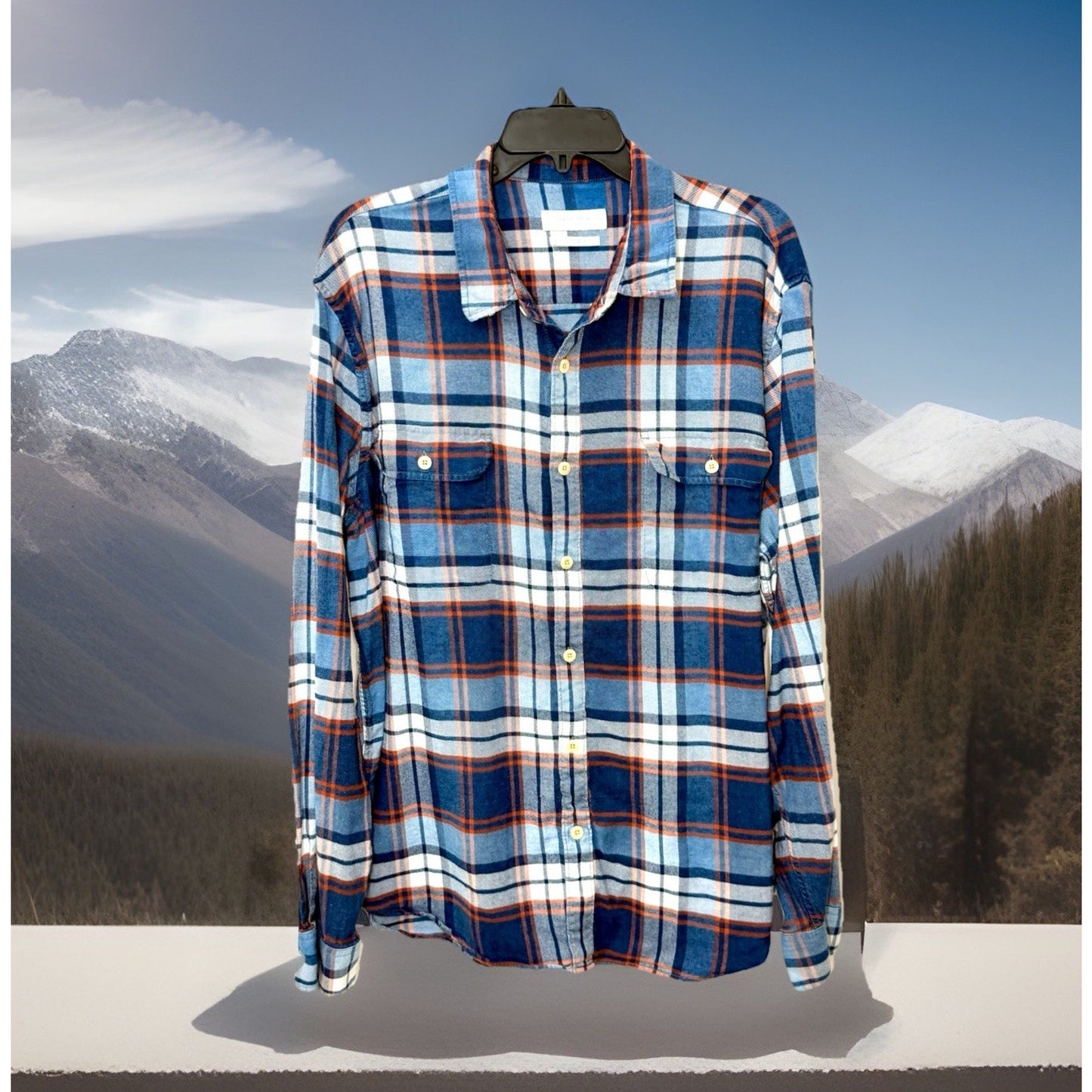 Lucky Brand Men's XL Flannel Shirt Classic Fit Blue Orange Plaid Double Pocket